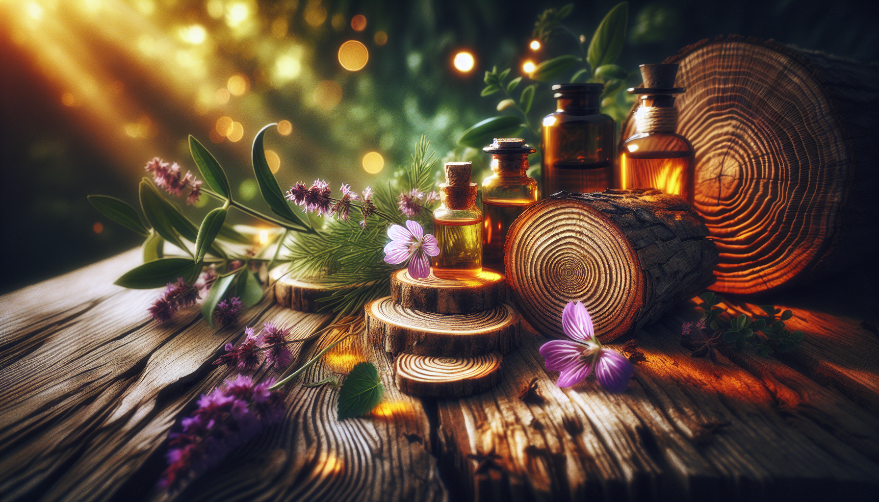 A conceptual illustration representing Cognitive and Sleep Enhancements. Visualize the main ideas: . Creative but clear representation of the concept. Style: Use shallow depth of field with selective focus to create a professional, intimate feel Employ warm, natural lighting that casts a honey-golden glow on the main subjects Position items on a rustic wooden surface, preferably a cross-section of a tree trunk with visible rings and natural texture Incorporate vibrant green foliage and delicate purple flowers around the composition's edges Maintain a soft, gently blurred natural background with subtle bokeh effect Feature a harmonious color palette of amber, deep greens, and soft purples Arrange elements at varying heights to create visual interest and natural flow Create a clean, uncluttered composition that feels organic yet intentional Capture fine details and textures with macro-photography techniques Evoke a serene, botanical spa-like atmosphere that feels both premium and natural. high quality, detailed, professional, clean composition, good lighting, sharp focus, well-composed. high quality, professional, detailed, well-composed