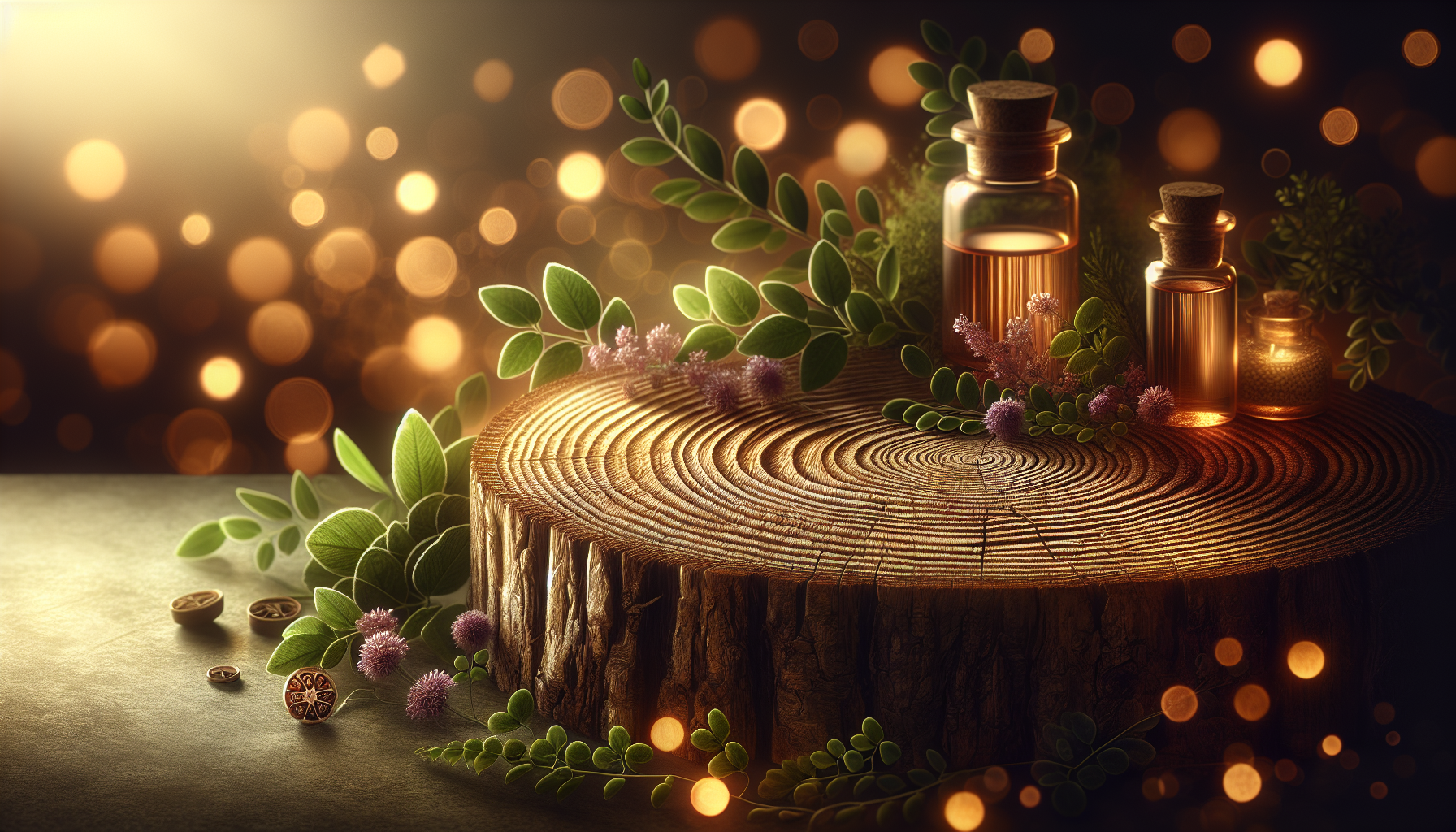 A conceptual illustration representing Application Methods for Maximum Benefit. Visualize the main ideas: . Creative but clear representation of the concept. Style: Use shallow depth of field with selective focus to create a professional, intimate feel Employ warm, natural lighting that casts a honey-golden glow on the main subjects Position items on a rustic wooden surface, preferably a cross-section of a tree trunk with visible rings and natural texture Incorporate vibrant green foliage and delicate purple flowers around the composition's edges Maintain a soft, gently blurred natural background with subtle bokeh effect Feature a harmonious color palette of amber, deep greens, and soft purples Arrange elements at varying heights to create visual interest and natural flow Create a clean, uncluttered composition that feels organic yet intentional Capture fine details and textures with macro-photography techniques Evoke a serene, botanical spa-like atmosphere that feels both premium and natural. high quality, detailed, professional, clean composition, good lighting, sharp focus, well-composed. high quality, professional, detailed, well-composed