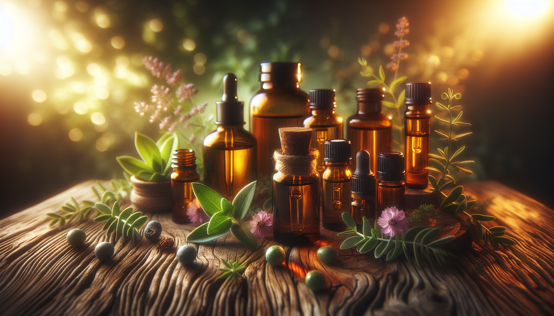 A conceptual illustration representing Choosing the Right Oils and Practices. Visualize the main ideas: . Creative but clear representation of the concept. Style: Use shallow depth of field with selective focus to create a professional, intimate feel Employ warm, natural lighting that casts a honey-golden glow on the main subjects Position items on a rustic wooden surface, preferably a cross-section of a tree trunk with visible rings and natural texture Incorporate vibrant green foliage and delicate purple flowers around the composition's edges Maintain a soft, gently blurred natural background with subtle bokeh effect Feature a harmonious color palette of amber, deep greens, and soft purples Arrange elements at varying heights to create visual interest and natural flow Create a clean, uncluttered composition that feels organic yet intentional Capture fine details and textures with macro-photography techniques Evoke a serene, botanical spa-like atmosphere that feels both premium and natural. high quality, detailed, professional, clean composition, good lighting, sharp focus, well-composed. high quality, professional, detailed, well-composed