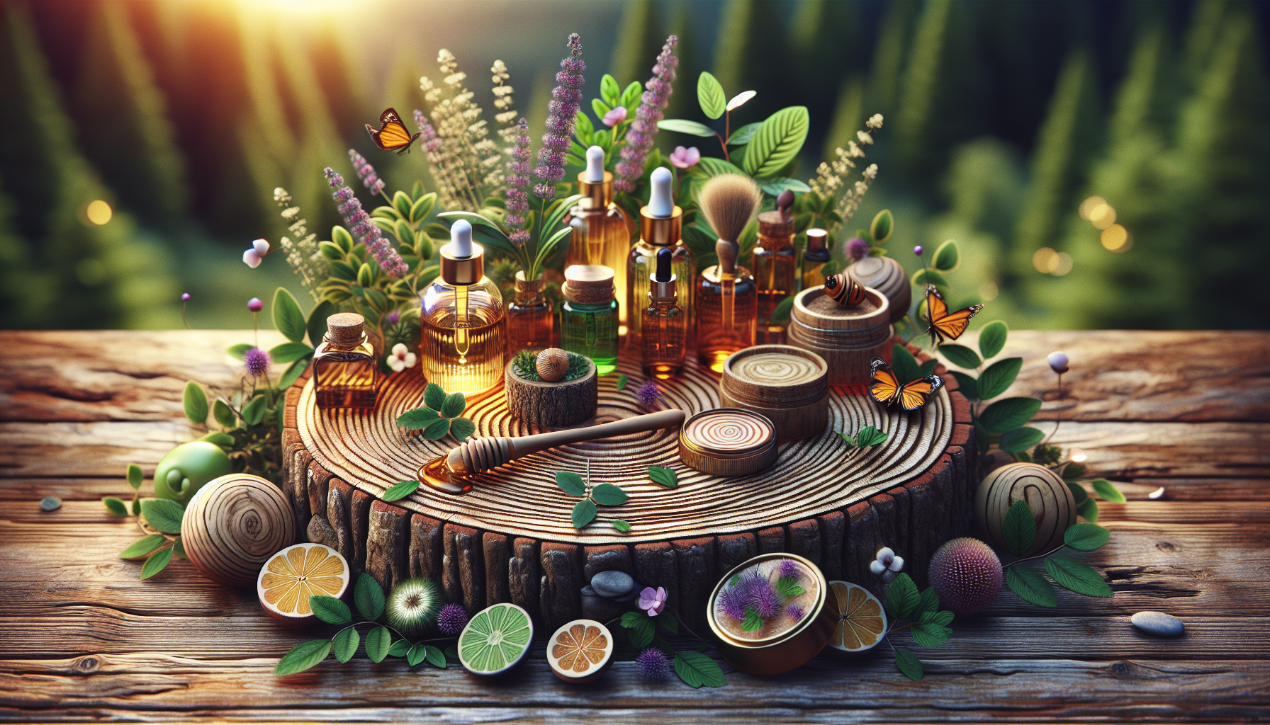 A conceptual illustration representing Methods of Application. Visualize the main ideas: . Creative but clear representation of the concept. Style: Use shallow depth of field with selective focus to create a professional, intimate feel Employ warm, natural lighting that casts a honey-golden glow on the main subjects Position items on a rustic wooden surface, preferably a cross-section of a tree trunk with visible rings and natural texture Incorporate vibrant green foliage and delicate purple flowers around the composition's edges Maintain a soft, gently blurred natural background with subtle bokeh effect Feature a harmonious color palette of amber, deep greens, and soft purples Arrange elements at varying heights to create visual interest and natural flow Create a clean, uncluttered composition that feels organic yet intentional Capture fine details and textures with macro-photography techniques Evoke a serene, botanical spa-like atmosphere that feels both premium and natural. high quality, detailed, professional, clean composition, good lighting, sharp focus, well-composed. high quality, professional, detailed, well-composed