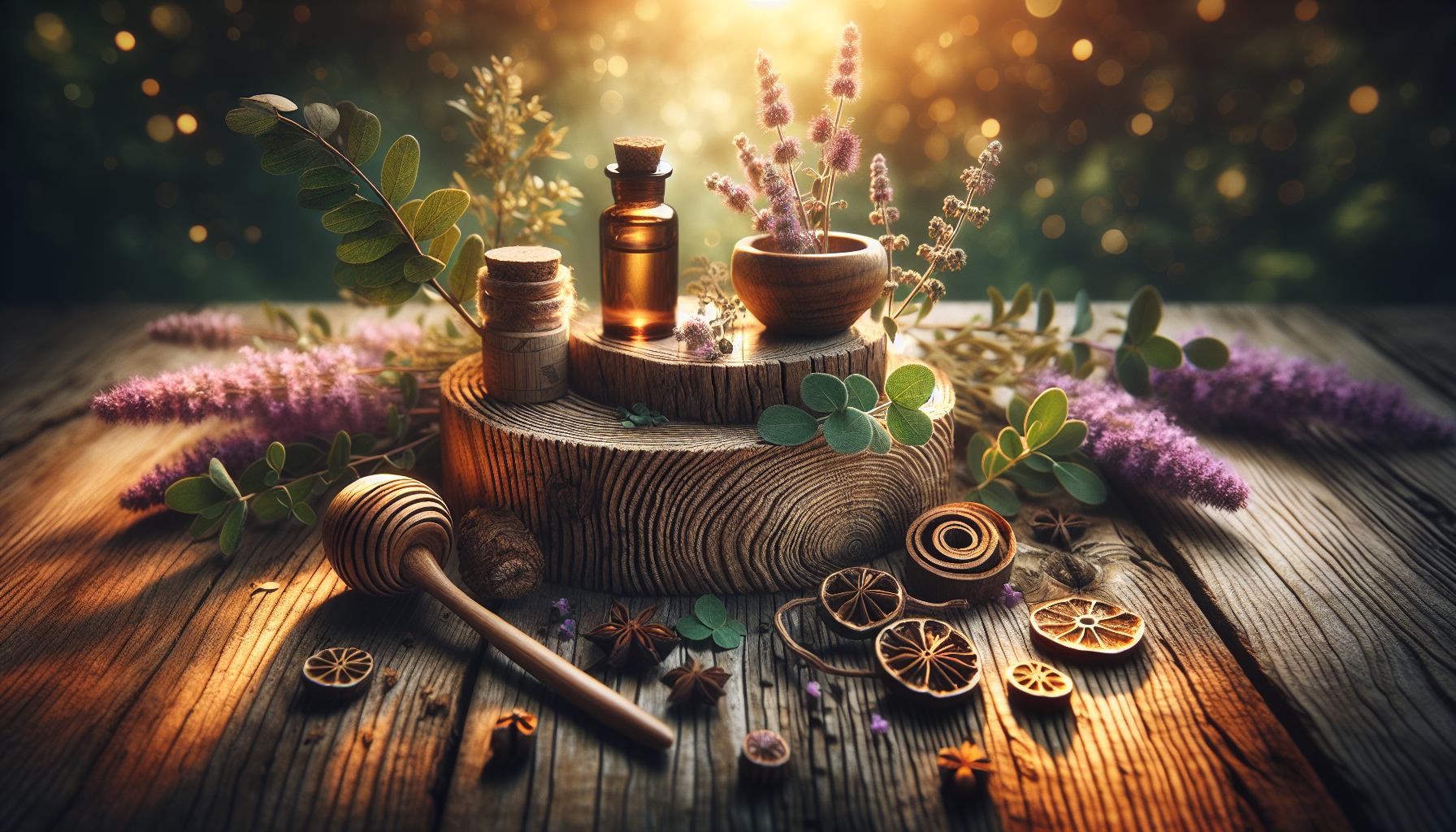 A conceptual illustration representing Safety and Considerations. Visualize the main ideas: . Creative but clear representation of the concept. Style: Use shallow depth of field with selective focus to create a professional, intimate feel Employ warm, natural lighting that casts a honey-golden glow on the main subjects Position items on a rustic wooden surface, preferably a cross-section of a tree trunk with visible rings and natural texture Incorporate vibrant green foliage and delicate purple flowers around the composition's edges Maintain a soft, gently blurred natural background with subtle bokeh effect Feature a harmonious color palette of amber, deep greens, and soft purples Arrange elements at varying heights to create visual interest and natural flow Create a clean, uncluttered composition that feels organic yet intentional Capture fine details and textures with macro-photography techniques Evoke a serene, botanical spa-like atmosphere that feels both premium and natural. high quality, detailed, professional, clean composition, good lighting, sharp focus, well-composed. high quality, professional, detailed, well-composed