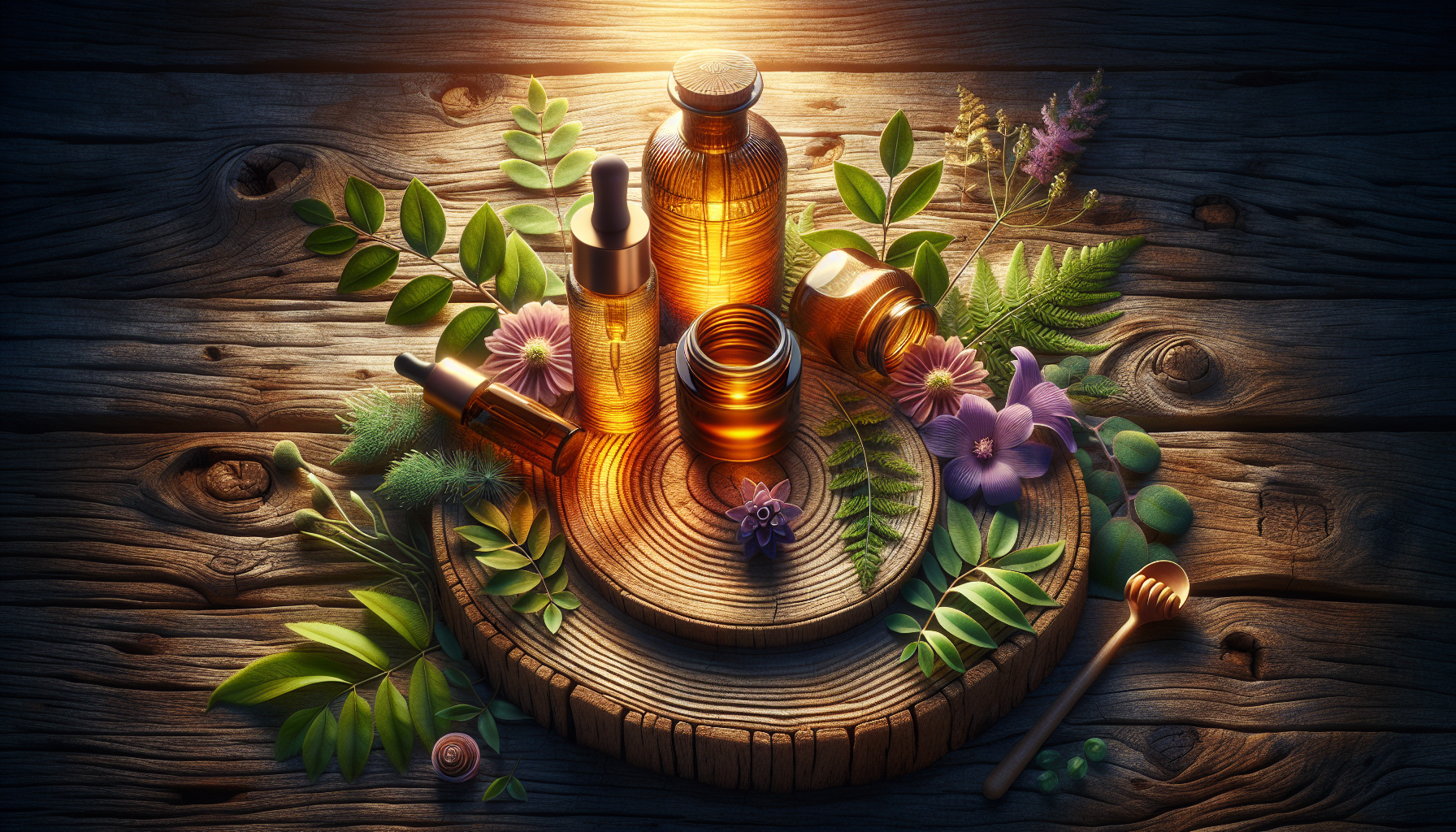 A conceptual illustration representing Introduction: The Secret to Silky Smooth Skin. Visualize the main ideas: . Creative but clear representation of the concept. Style: Use shallow depth of field with selective focus to create a professional, intimate feel  Employ warm, natural lighting that casts a honey-golden glow on the main subjects  Position items on a rustic wooden surface, preferably a cross-section of a tree trunk with visible rings and natural texture  Incorporate vibrant green foliage and delicate purple flowers around the composition's edges  Maintain a soft, gently blurred natural background with subtle bokeh effect  Feature a harmonious color palette of amber, deep greens, and soft purples  Arrange elements at varying heights to create visual interest and natural flow  Create a clean, uncluttered composition that feels organic yet intentional  Capture fine details and textures with macro-photography techniques  Evoke a serene, botanical spa-like atmosphere that feels both premium and natural. high quality, detailed, professional, clean composition, good lighting, sharp focus, well-composed. high quality, professional, detailed, well-composed