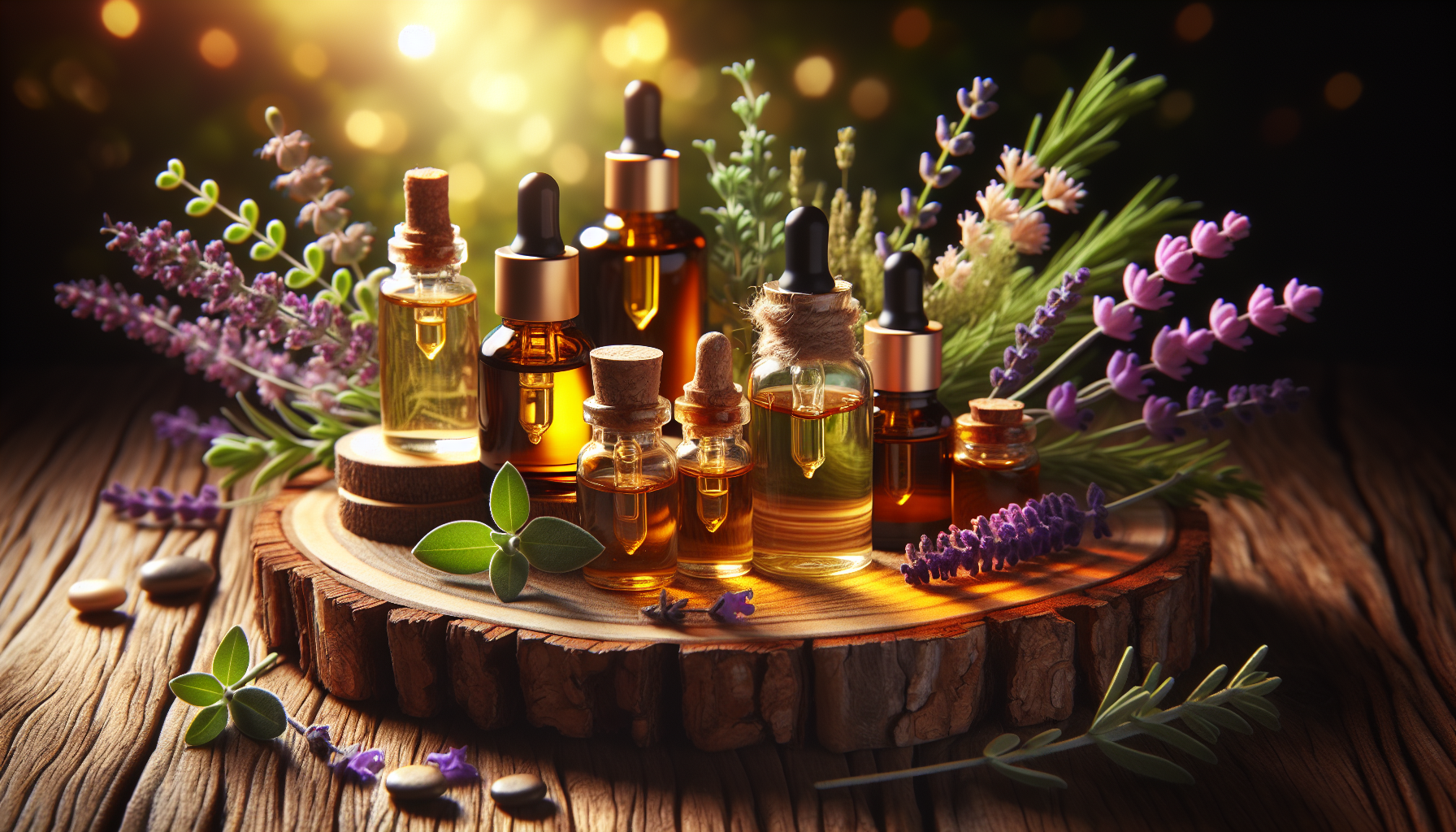 A conceptual illustration representing Top Essential Oils for Skin Texture Improvement. Visualize the main ideas: . Creative but clear representation of the concept. Style: Use shallow depth of field with selective focus to create a professional, intimate feel  Employ warm, natural lighting that casts a honey-golden glow on the main subjects  Position items on a rustic wooden surface, preferably a cross-section of a tree trunk with visible rings and natural texture  Incorporate vibrant green foliage and delicate purple flowers around the composition's edges  Maintain a soft, gently blurred natural background with subtle bokeh effect  Feature a harmonious color palette of amber, deep greens, and soft purples  Arrange elements at varying heights to create visual interest and natural flow  Create a clean, uncluttered composition that feels organic yet intentional  Capture fine details and textures with macro-photography techniques  Evoke a serene, botanical spa-like atmosphere that feels both premium and natural. high quality, detailed, professional, clean composition, good lighting, sharp focus, well-composed. high quality, professional, detailed, well-composed