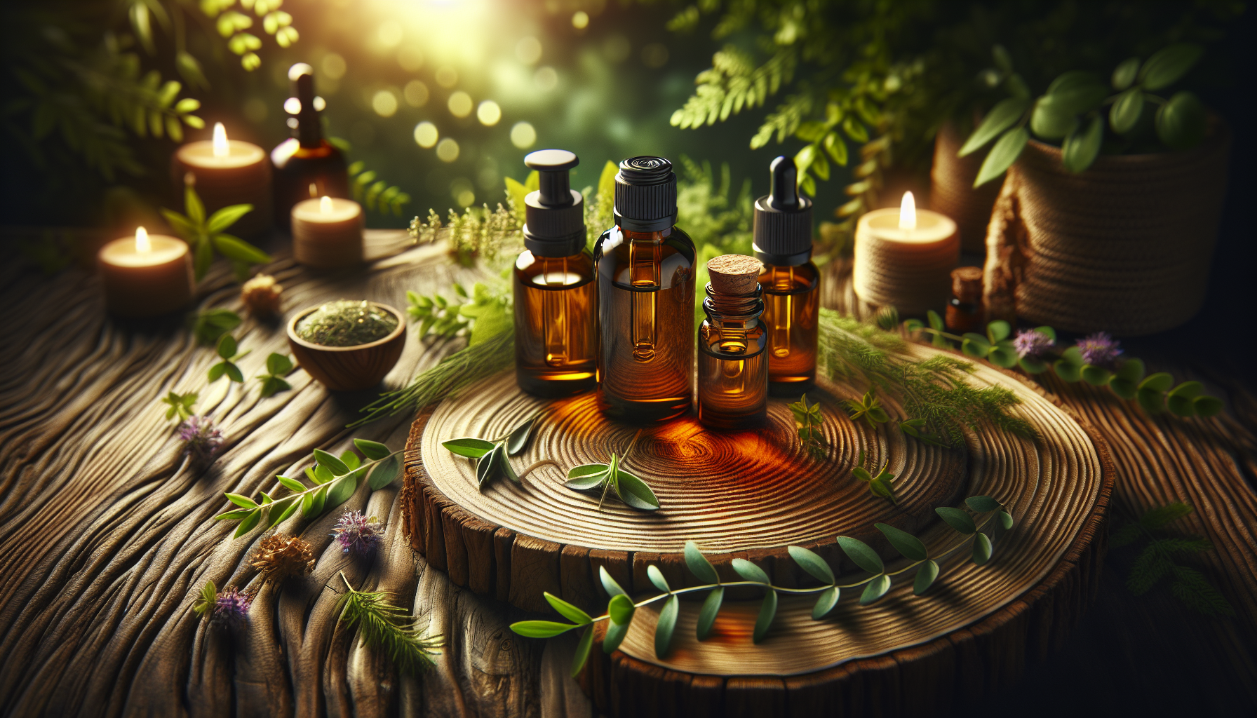 A conceptual illustration representing Enhancing Skin Permeability with Essential Oils. Visualize the main ideas: . Creative but clear representation of the concept. Style: Use shallow depth of field with selective focus to create a professional, intimate feel  Employ warm, natural lighting that casts a honey-golden glow on the main subjects  Position items on a rustic wooden surface, preferably a cross-section of a tree trunk with visible rings and natural texture  Incorporate vibrant green foliage and delicate purple flowers around the composition's edges  Maintain a soft, gently blurred natural background with subtle bokeh effect  Feature a harmonious color palette of amber, deep greens, and soft purples  Arrange elements at varying heights to create visual interest and natural flow  Create a clean, uncluttered composition that feels organic yet intentional  Capture fine details and textures with macro-photography techniques  Evoke a serene, botanical spa-like atmosphere that feels both premium and natural. high quality, detailed, professional, clean composition, good lighting, sharp focus, well-composed. high quality, professional, detailed, well-composed