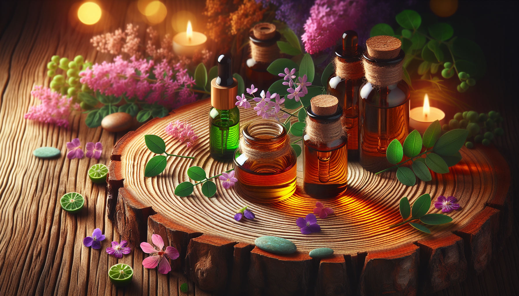 A conceptual illustration representing Safe Application and Potential Side Effects. Visualize the main ideas: . Creative but clear representation of the concept. Style: Use shallow depth of field with selective focus to create a professional, intimate feel  Employ warm, natural lighting that casts a honey-golden glow on the main subjects  Position items on a rustic wooden surface, preferably a cross-section of a tree trunk with visible rings and natural texture  Incorporate vibrant green foliage and delicate purple flowers around the composition's edges  Maintain a soft, gently blurred natural background with subtle bokeh effect  Feature a harmonious color palette of amber, deep greens, and soft purples  Arrange elements at varying heights to create visual interest and natural flow  Create a clean, uncluttered composition that feels organic yet intentional  Capture fine details and textures with macro-photography techniques  Evoke a serene, botanical spa-like atmosphere that feels both premium and natural. high quality, detailed, professional, clean composition, good lighting, sharp focus, well-composed. high quality, professional, detailed, well-composed