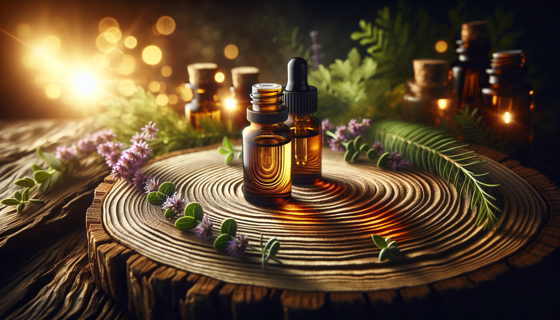 A conceptual illustration representing Essential Oils for Emotional Balance. Visualize the main ideas: . Creative but clear representation of the concept. Style: Use shallow depth of field with selective focus to create a professional, intimate feel  Employ warm, natural lighting that casts a honey-golden glow on the main subjects  Position items on a rustic wooden surface, preferably a cross-section of a tree trunk with visible rings and natural texture  Incorporate vibrant green foliage and delicate purple flowers around the composition's edges  Maintain a soft, gently blurred natural background with subtle bokeh effect  Feature a harmonious color palette of amber, deep greens, and soft purples  Arrange elements at varying heights to create visual interest and natural flow  Create a clean, uncluttered composition that feels organic yet intentional  Capture fine details and textures with macro-photography techniques  Evoke a serene, botanical spa-like atmosphere that feels both premium and natural. high quality, detailed, professional, clean composition, good lighting, sharp focus, well-composed. high quality, professional, detailed, well-composed