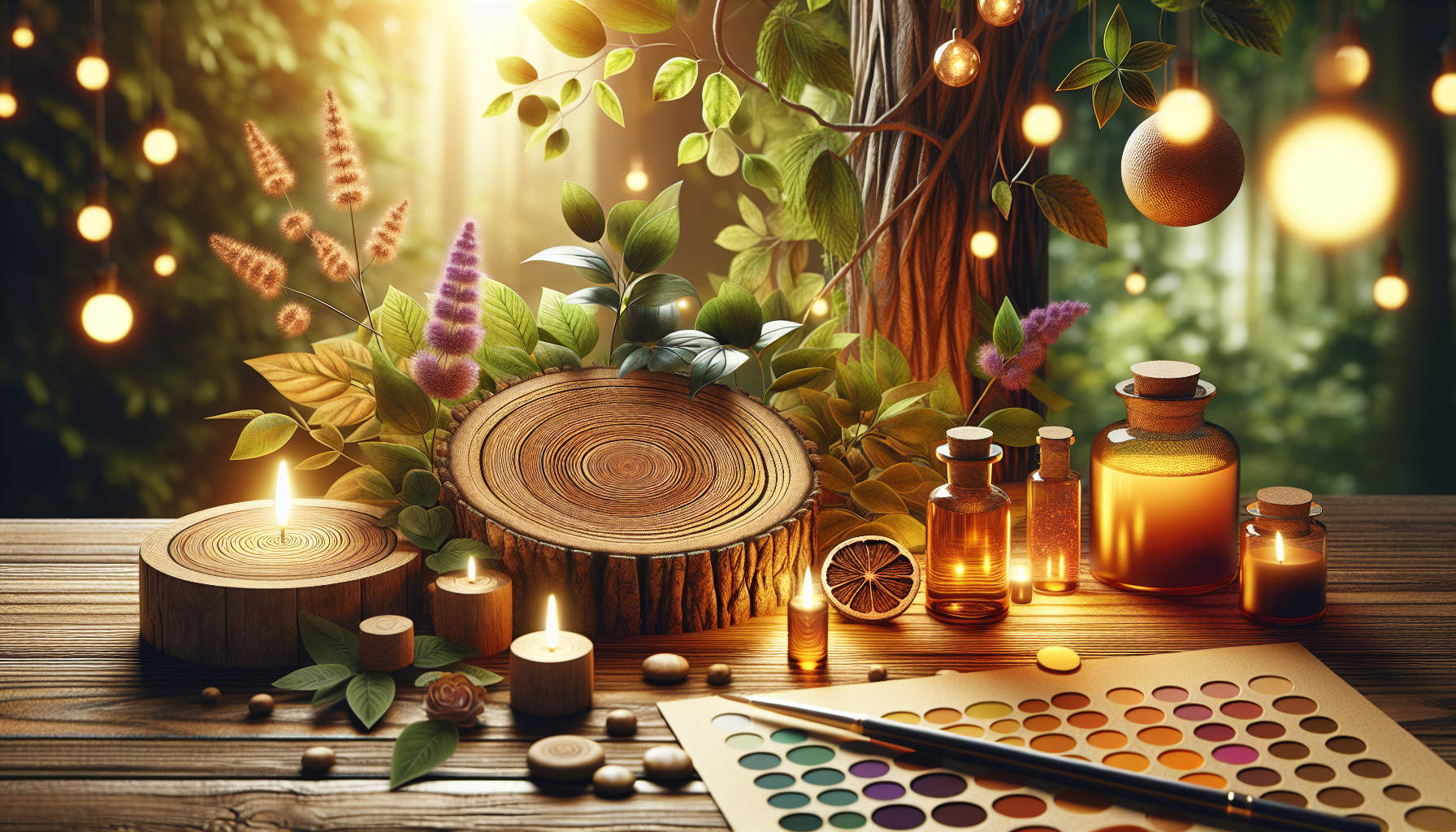 A conceptual illustration representing Enhancing Focus and Clarity. Visualize the main ideas: . Creative but clear representation of the concept. Style: Use shallow depth of field with selective focus to create a professional, intimate feel  Employ warm, natural lighting that casts a honey-golden glow on the main subjects  Position items on a rustic wooden surface, preferably a cross-section of a tree trunk with visible rings and natural texture  Incorporate vibrant green foliage and delicate purple flowers around the composition's edges  Maintain a soft, gently blurred natural background with subtle bokeh effect  Feature a harmonious color palette of amber, deep greens, and soft purples  Arrange elements at varying heights to create visual interest and natural flow  Create a clean, uncluttered composition that feels organic yet intentional  Capture fine details and textures with macro-photography techniques  Evoke a serene, botanical spa-like atmosphere that feels both premium and natural. high quality, detailed, professional, clean composition, good lighting, sharp focus, well-composed. high quality, professional, detailed, well-composed