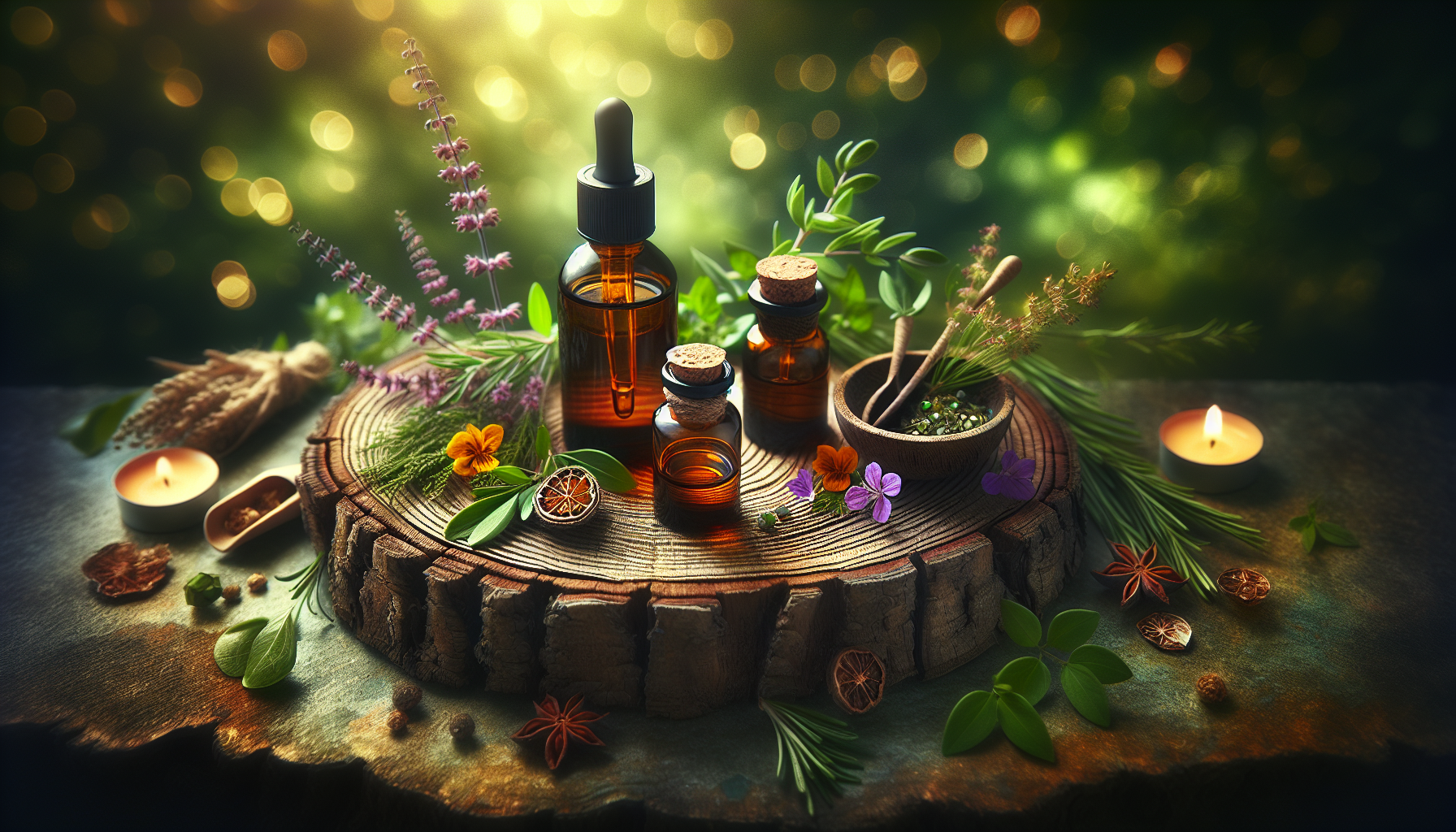 A conceptual illustration representing Spiritual Grounding Through Scent. Visualize the main ideas: . Creative but clear representation of the concept. Style: Use shallow depth of field with selective focus to create a professional, intimate feel  Employ warm, natural lighting that casts a honey-golden glow on the main subjects  Position items on a rustic wooden surface, preferably a cross-section of a tree trunk with visible rings and natural texture  Incorporate vibrant green foliage and delicate purple flowers around the composition's edges  Maintain a soft, gently blurred natural background with subtle bokeh effect  Feature a harmonious color palette of amber, deep greens, and soft purples  Arrange elements at varying heights to create visual interest and natural flow  Create a clean, uncluttered composition that feels organic yet intentional  Capture fine details and textures with macro-photography techniques  Evoke a serene, botanical spa-like atmosphere that feels both premium and natural. high quality, detailed, professional, clean composition, good lighting, sharp focus, well-composed. high quality, professional, detailed, well-composed