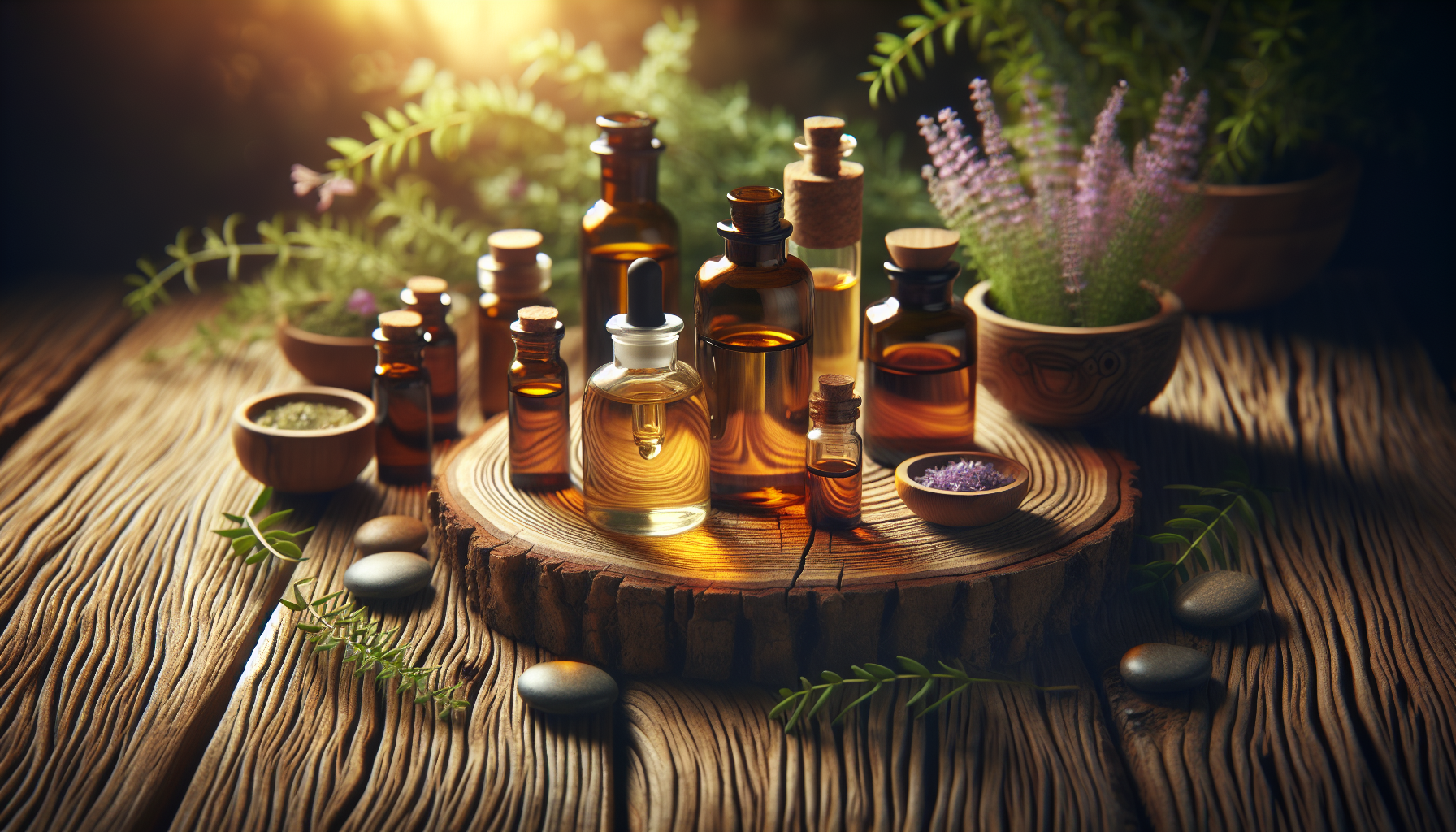 A conceptual illustration representing Practical Application of Essential Oils. Visualize the main ideas: . Creative but clear representation of the concept. Style: Use shallow depth of field with selective focus to create a professional, intimate feel  Employ warm, natural lighting that casts a honey-golden glow on the main subjects  Position items on a rustic wooden surface, preferably a cross-section of a tree trunk with visible rings and natural texture  Incorporate vibrant green foliage and delicate purple flowers around the composition's edges  Maintain a soft, gently blurred natural background with subtle bokeh effect  Feature a harmonious color palette of amber, deep greens, and soft purples  Arrange elements at varying heights to create visual interest and natural flow  Create a clean, uncluttered composition that feels organic yet intentional  Capture fine details and textures with macro-photography techniques  Evoke a serene, botanical spa-like atmosphere that feels both premium and natural. high quality, detailed, professional, clean composition, good lighting, sharp focus, well-composed. high quality, professional, detailed, well-composed