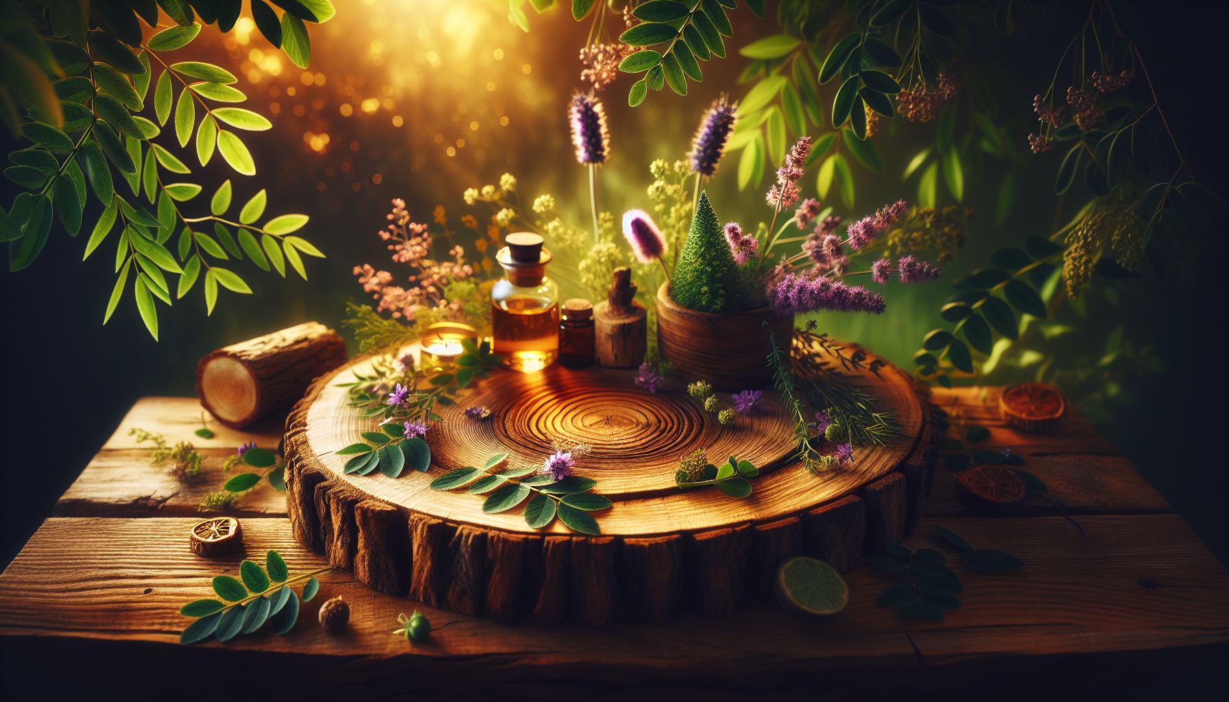 A conceptual illustration representing Introduction - A Breath of Calm. Visualize the main ideas: . Creative but clear representation of the concept. Style: Use shallow depth of field with selective focus to create a professional, intimate feel  Employ warm, natural lighting that casts a honey-golden glow on the main subjects  Position items on a rustic wooden surface, preferably a cross-section of a tree trunk with visible rings and natural texture  Incorporate vibrant green foliage and delicate purple flowers around the composition's edges  Maintain a soft, gently blurred natural background with subtle bokeh effect  Feature a harmonious color palette of amber, deep greens, and soft purples  Arrange elements at varying heights to create visual interest and natural flow  Create a clean, uncluttered composition that feels organic yet intentional  Capture fine details and textures with macro-photography techniques  Evoke a serene, botanical spa-like atmosphere that feels both premium and natural. high quality, detailed, professional, clean composition, good lighting, sharp focus, well-composed. high quality, professional, detailed, well-composed