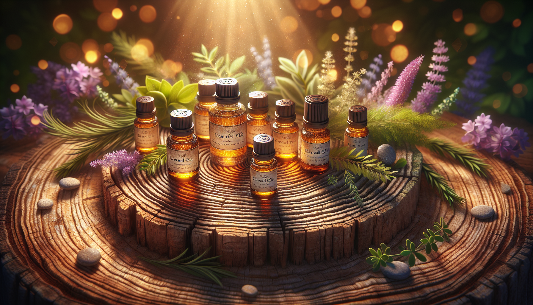 A conceptual illustration representing How Essential Oils Influence Emotions. Visualize the main ideas: . Creative but clear representation of the concept. Style: Use shallow depth of field with selective focus to create a professional, intimate feel  Employ warm, natural lighting that casts a honey-golden glow on the main subjects  Position items on a rustic wooden surface, preferably a cross-section of a tree trunk with visible rings and natural texture  Incorporate vibrant green foliage and delicate purple flowers around the composition's edges  Maintain a soft, gently blurred natural background with subtle bokeh effect  Feature a harmonious color palette of amber, deep greens, and soft purples  Arrange elements at varying heights to create visual interest and natural flow  Create a clean, uncluttered composition that feels organic yet intentional  Capture fine details and textures with macro-photography techniques  Evoke a serene, botanical spa-like atmosphere that feels both premium and natural. high quality, detailed, professional, clean composition, good lighting, sharp focus, well-composed. high quality, professional, detailed, well-composed