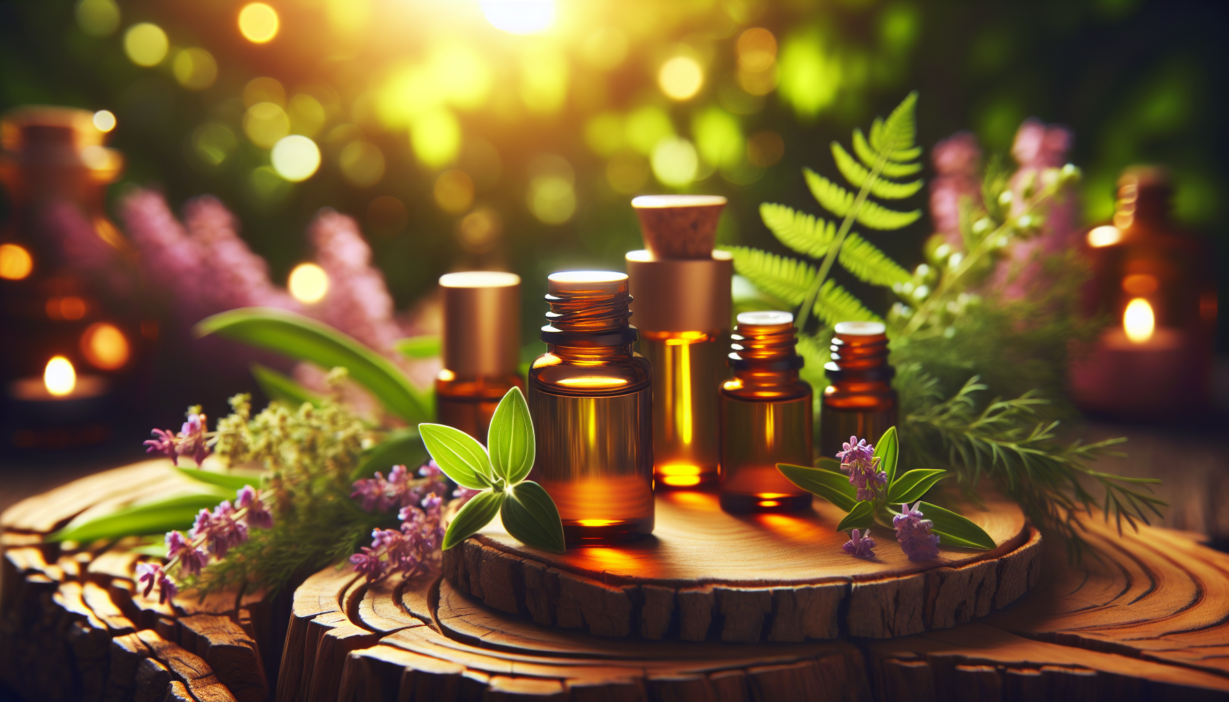 A conceptual illustration representing Uplifting Mood with Essential Oils. Visualize the main ideas: . Creative but clear representation of the concept. Style: Use shallow depth of field with selective focus to create a professional, intimate feel  Employ warm, natural lighting that casts a honey-golden glow on the main subjects  Position items on a rustic wooden surface, preferably a cross-section of a tree trunk with visible rings and natural texture  Incorporate vibrant green foliage and delicate purple flowers around the composition's edges  Maintain a soft, gently blurred natural background with subtle bokeh effect  Feature a harmonious color palette of amber, deep greens, and soft purples  Arrange elements at varying heights to create visual interest and natural flow  Create a clean, uncluttered composition that feels organic yet intentional  Capture fine details and textures with macro-photography techniques  Evoke a serene, botanical spa-like atmosphere that feels both premium and natural. high quality, detailed, professional, clean composition, good lighting, sharp focus, well-composed. high quality, professional, detailed, well-composed