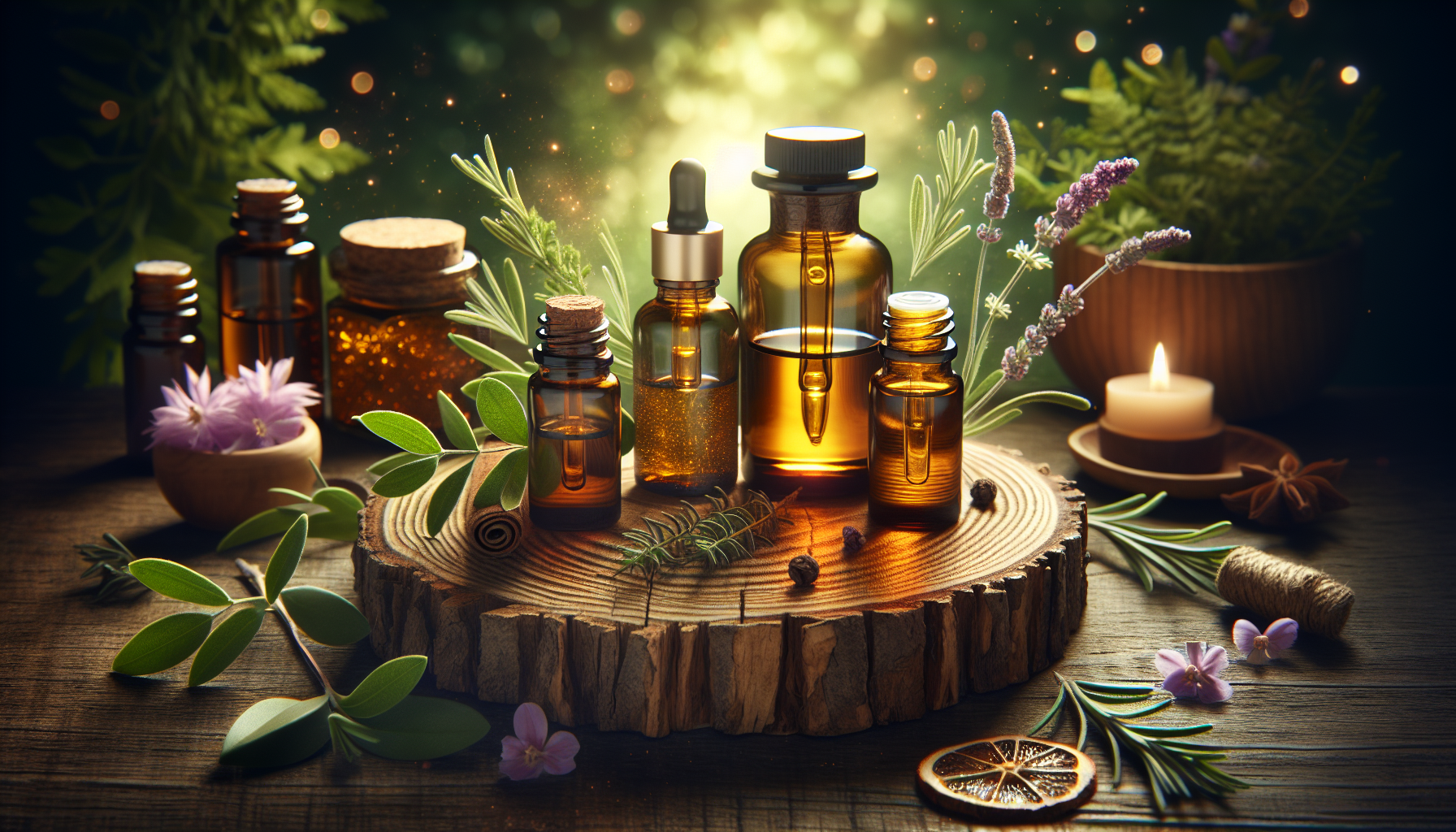 A conceptual illustration representing Beyond Mood - Additional Benefits of Essential Oils. Visualize the main ideas: . Creative but clear representation of the concept. Style: Use shallow depth of field with selective focus to create a professional, intimate feel  Employ warm, natural lighting that casts a honey-golden glow on the main subjects  Position items on a rustic wooden surface, preferably a cross-section of a tree trunk with visible rings and natural texture  Incorporate vibrant green foliage and delicate purple flowers around the composition's edges  Maintain a soft, gently blurred natural background with subtle bokeh effect  Feature a harmonious color palette of amber, deep greens, and soft purples  Arrange elements at varying heights to create visual interest and natural flow  Create a clean, uncluttered composition that feels organic yet intentional  Capture fine details and textures with macro-photography techniques  Evoke a serene, botanical spa-like atmosphere that feels both premium and natural. high quality, detailed, professional, clean composition, good lighting, sharp focus, well-composed. high quality, professional, detailed, well-composed