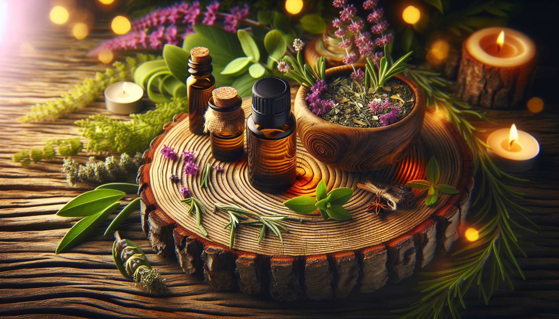 A conceptual illustration representing Unveiling the Power of Essential Oils. Visualize the main ideas: . Creative but clear representation of the concept. Style: Use shallow depth of field with selective focus to create a professional, intimate feel  Employ warm, natural lighting that casts a honey-golden glow on the main subjects  Position items on a rustic wooden surface, preferably a cross-section of a tree trunk with visible rings and natural texture  Incorporate vibrant green foliage and delicate purple flowers around the composition's edges  Maintain a soft, gently blurred natural background with subtle bokeh effect  Feature a harmonious color palette of amber, deep greens, and soft purples  Arrange elements at varying heights to create visual interest and natural flow  Create a clean, uncluttered composition that feels organic yet intentional  Capture fine details and textures with macro-photography techniques  Evoke a serene, botanical spa-like atmosphere that feels both premium and natural. high quality, detailed, professional, clean composition, good lighting, sharp focus, well-composed. high quality, professional, detailed, well-composed
