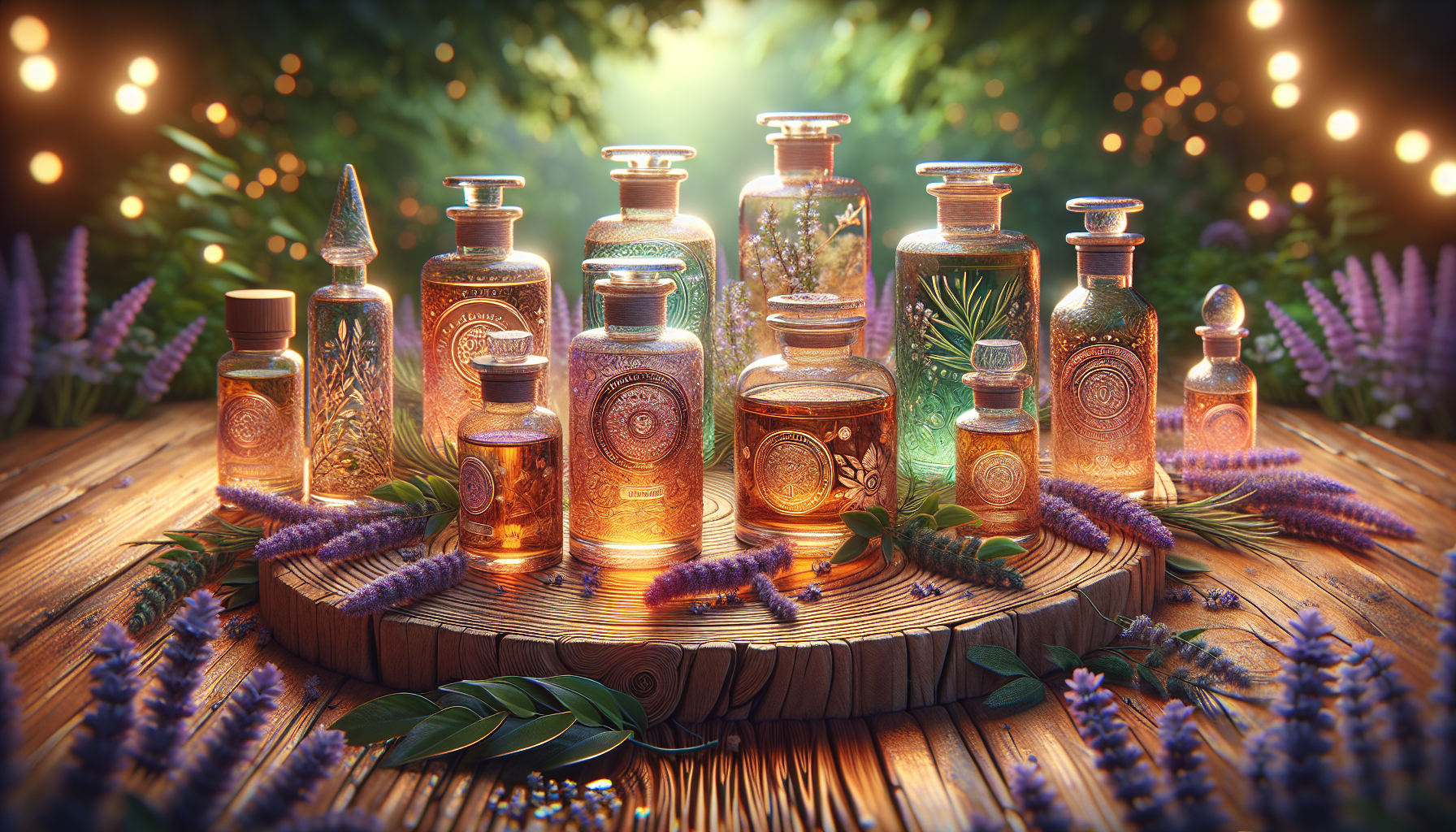 A conceptual illustration representing Top Essential Oils for Fatigue Relief. Visualize the main ideas: . Creative but clear representation of the concept. Style: Use shallow depth of field with selective focus to create a professional, intimate feel  Employ warm, natural lighting that casts a honey-golden glow on the main subjects  Position items on a rustic wooden surface, preferably a cross-section of a tree trunk with visible rings and natural texture  Incorporate vibrant green foliage and delicate purple flowers around the composition's edges  Maintain a soft, gently blurred natural background with subtle bokeh effect  Feature a harmonious color palette of amber, deep greens, and soft purples  Arrange elements at varying heights to create visual interest and natural flow  Create a clean, uncluttered composition that feels organic yet intentional  Capture fine details and textures with macro-photography techniques  Evoke a serene, botanical spa-like atmosphere that feels both premium and natural. high quality, detailed, professional, clean composition, good lighting, sharp focus, well-composed. high quality, professional, detailed, well-composed