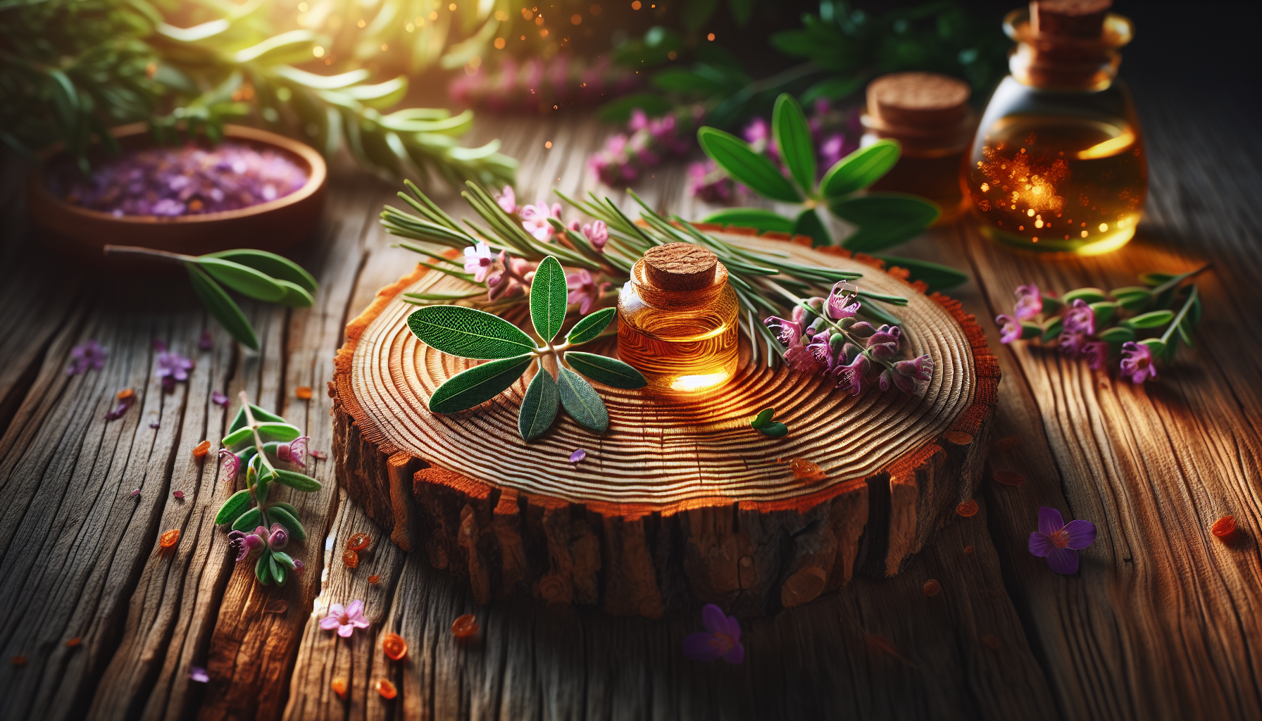 A conceptual illustration representing Conclusion: Embrace Natural Relief. Visualize the main ideas: . Creative but clear representation of the concept. Style: Use shallow depth of field with selective focus to create a professional, intimate feel  Employ warm, natural lighting that casts a honey-golden glow on the main subjects  Position items on a rustic wooden surface, preferably a cross-section of a tree trunk with visible rings and natural texture  Incorporate vibrant green foliage and delicate purple flowers around the composition's edges  Maintain a soft, gently blurred natural background with subtle bokeh effect  Feature a harmonious color palette of amber, deep greens, and soft purples  Arrange elements at varying heights to create visual interest and natural flow  Create a clean, uncluttered composition that feels organic yet intentional  Capture fine details and textures with macro-photography techniques  Evoke a serene, botanical spa-like atmosphere that feels both premium and natural. high quality, detailed, professional, clean composition, good lighting, sharp focus, well-composed. high quality, professional, detailed, well-composed