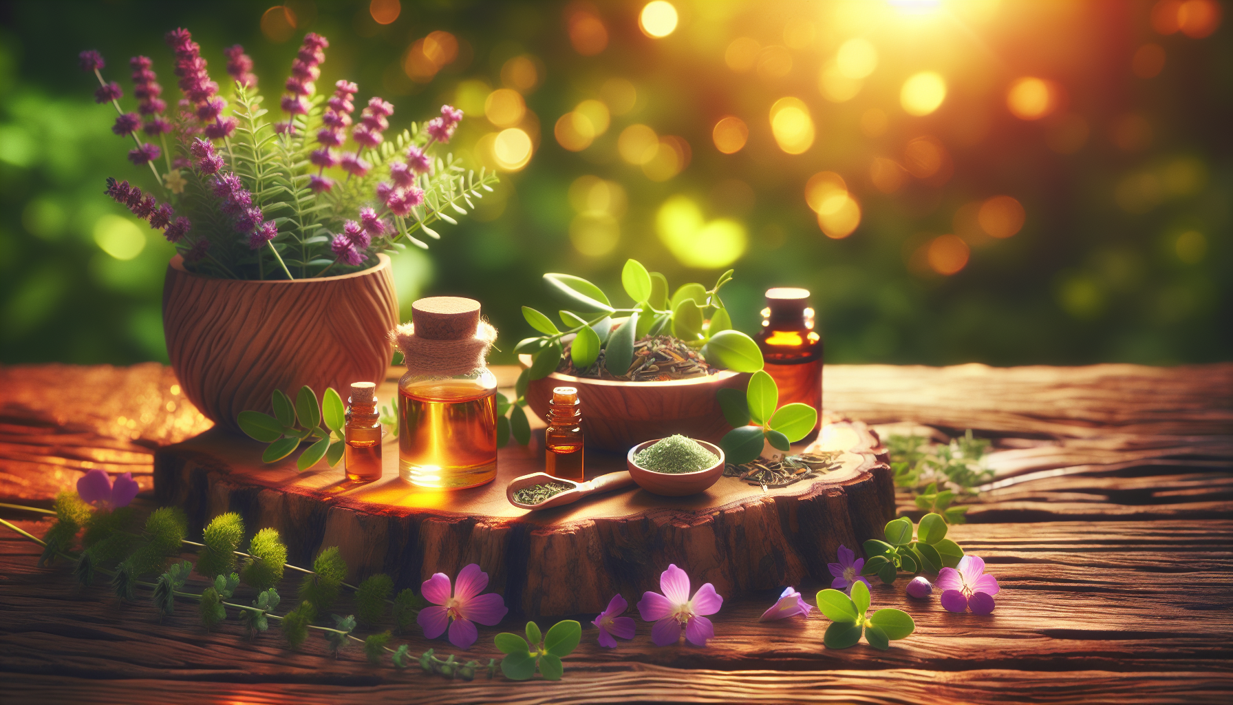 A conceptual illustration representing Introduction - The Aromatic Path to Weight Management. Visualize the main ideas: . Creative but clear representation of the concept. Style: Use shallow depth of field with selective focus to create a professional, intimate feel  Employ warm, natural lighting that casts a honey-golden glow on the main subjects  Position items on a rustic wooden surface, preferably a cross-section of a tree trunk with visible rings and natural texture  Incorporate vibrant green foliage and delicate purple flowers around the composition's edges  Maintain a soft, gently blurred natural background with subtle bokeh effect  Feature a harmonious color palette of amber, deep greens, and soft purples  Arrange elements at varying heights to create visual interest and natural flow  Create a clean, uncluttered composition that feels organic yet intentional  Capture fine details and textures with macro-photography techniques  Evoke a serene, botanical spa-like atmosphere that feels both premium and natural. high quality, detailed, professional, clean composition, good lighting, sharp focus, well-composed. high quality, professional, detailed, well-composed