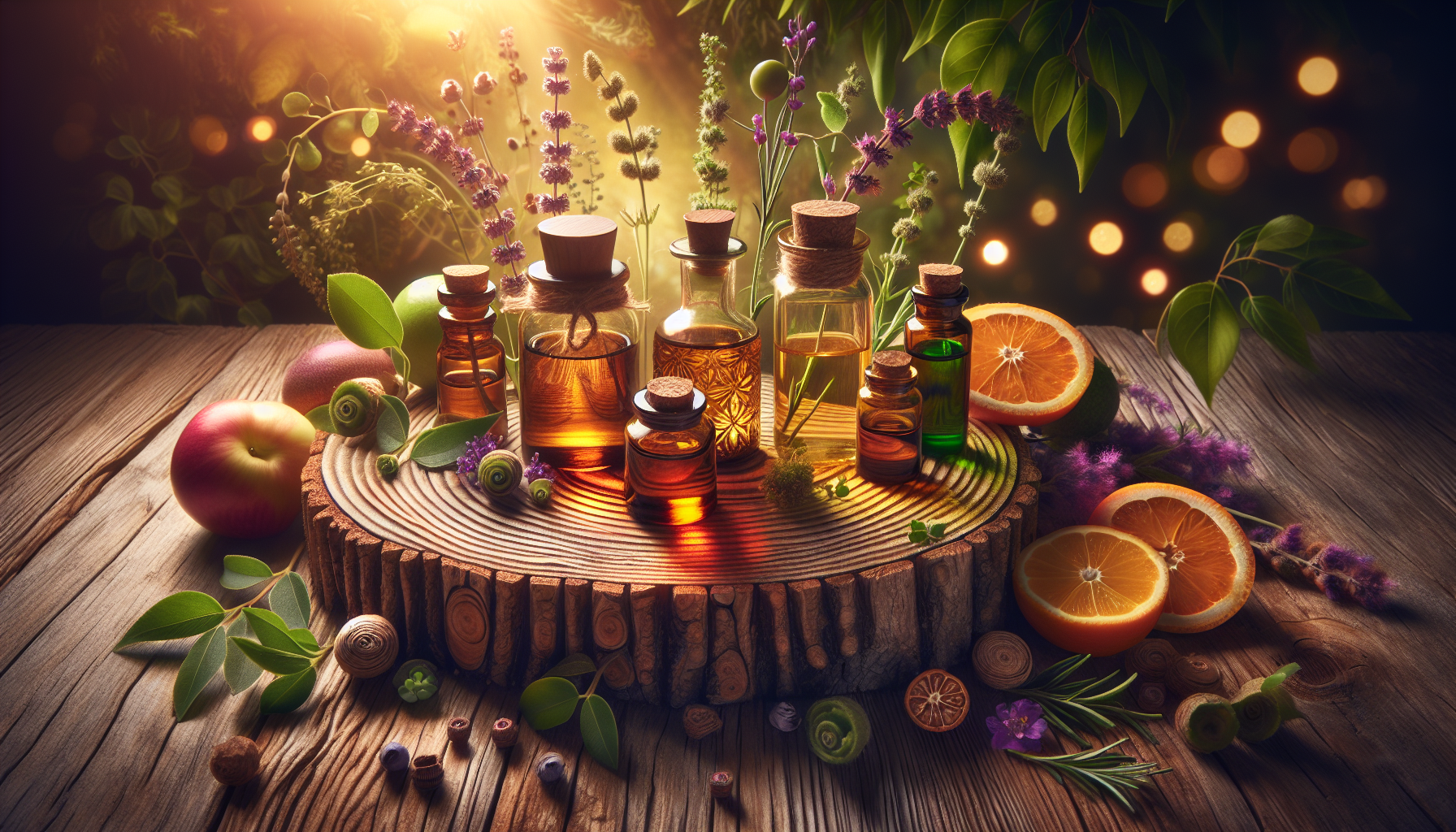 A conceptual illustration representing How Essential Oils Work for Weight Management. Visualize the main ideas: . Creative but clear representation of the concept. Style: Use shallow depth of field with selective focus to create a professional, intimate feel  Employ warm, natural lighting that casts a honey-golden glow on the main subjects  Position items on a rustic wooden surface, preferably a cross-section of a tree trunk with visible rings and natural texture  Incorporate vibrant green foliage and delicate purple flowers around the composition's edges  Maintain a soft, gently blurred natural background with subtle bokeh effect  Feature a harmonious color palette of amber, deep greens, and soft purples  Arrange elements at varying heights to create visual interest and natural flow  Create a clean, uncluttered composition that feels organic yet intentional  Capture fine details and textures with macro-photography techniques  Evoke a serene, botanical spa-like atmosphere that feels both premium and natural. high quality, detailed, professional, clean composition, good lighting, sharp focus, well-composed. high quality, professional, detailed, well-composed