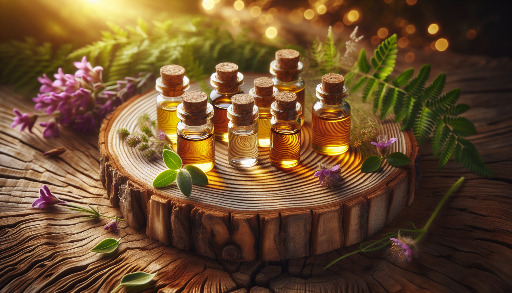 A conceptual illustration representing Popular Essential Oils for Weight Management. Visualize the main ideas: . Creative but clear representation of the concept. Style: Use shallow depth of field with selective focus to create a professional, intimate feel  Employ warm, natural lighting that casts a honey-golden glow on the main subjects  Position items on a rustic wooden surface, preferably a cross-section of a tree trunk with visible rings and natural texture  Incorporate vibrant green foliage and delicate purple flowers around the composition's edges  Maintain a soft, gently blurred natural background with subtle bokeh effect  Feature a harmonious color palette of amber, deep greens, and soft purples  Arrange elements at varying heights to create visual interest and natural flow  Create a clean, uncluttered composition that feels organic yet intentional  Capture fine details and textures with macro-photography techniques  Evoke a serene, botanical spa-like atmosphere that feels both premium and natural. high quality, detailed, professional, clean composition, good lighting, sharp focus, well-composed. high quality, professional, detailed, well-composed