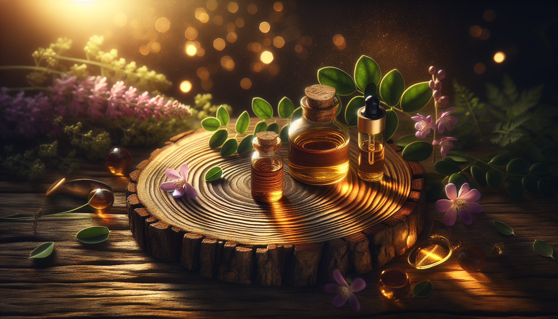 A conceptual illustration representing Safety and Efficacy Considerations. Visualize the main ideas: . Creative but clear representation of the concept. Style: Use shallow depth of field with selective focus to create a professional, intimate feel  Employ warm, natural lighting that casts a honey-golden glow on the main subjects  Position items on a rustic wooden surface, preferably a cross-section of a tree trunk with visible rings and natural texture  Incorporate vibrant green foliage and delicate purple flowers around the composition's edges  Maintain a soft, gently blurred natural background with subtle bokeh effect  Feature a harmonious color palette of amber, deep greens, and soft purples  Arrange elements at varying heights to create visual interest and natural flow  Create a clean, uncluttered composition that feels organic yet intentional  Capture fine details and textures with macro-photography techniques  Evoke a serene, botanical spa-like atmosphere that feels both premium and natural. high quality, detailed, professional, clean composition, good lighting, sharp focus, well-composed. high quality, professional, detailed, well-composed