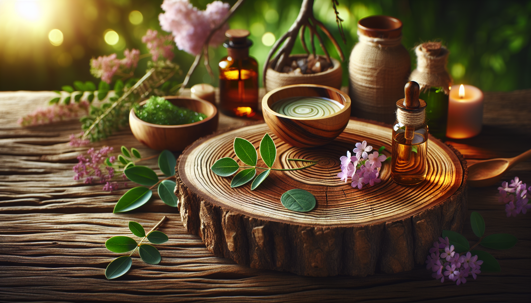 A conceptual illustration representing Conclusion - Embracing Aromatherapy in Your Weight Management Journey. Visualize the main ideas: . Creative but clear representation of the concept. Style: Use shallow depth of field with selective focus to create a professional, intimate feel  Employ warm, natural lighting that casts a honey-golden glow on the main subjects  Position items on a rustic wooden surface, preferably a cross-section of a tree trunk with visible rings and natural texture  Incorporate vibrant green foliage and delicate purple flowers around the composition's edges  Maintain a soft, gently blurred natural background with subtle bokeh effect  Feature a harmonious color palette of amber, deep greens, and soft purples  Arrange elements at varying heights to create visual interest and natural flow  Create a clean, uncluttered composition that feels organic yet intentional  Capture fine details and textures with macro-photography techniques  Evoke a serene, botanical spa-like atmosphere that feels both premium and natural. high quality, detailed, professional, clean composition, good lighting, sharp focus, well-composed. high quality, professional, detailed, well-composed