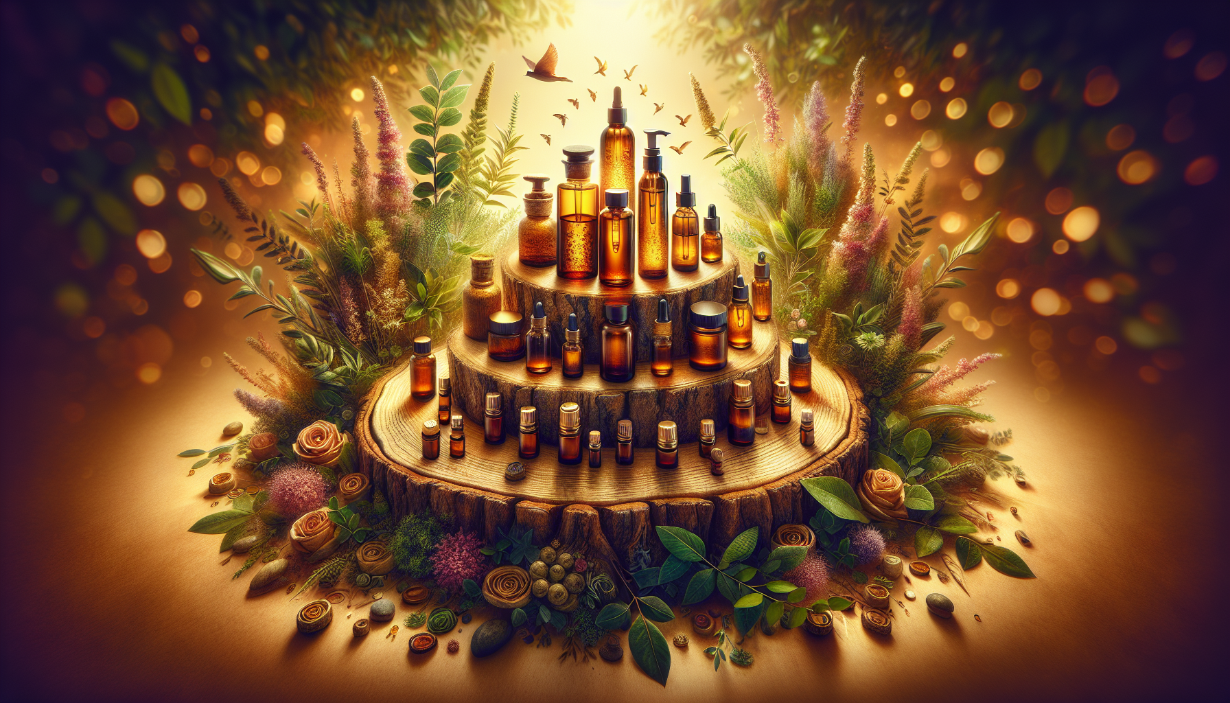 A conceptual illustration representing The Truth About Essential Oils and Sun Protection. Visualize the main ideas: . Creative but clear representation of the concept. Style: Use shallow depth of field with selective focus to create a professional, intimate feel  Employ warm, natural lighting that casts a honey-golden glow on the main subjects  Position items on a rustic wooden surface, preferably a cross-section of a tree trunk with visible rings and natural texture  Incorporate vibrant green foliage and delicate purple flowers around the composition's edges  Maintain a soft, gently blurred natural background with subtle bokeh effect  Feature a harmonious color palette of amber, deep greens, and soft purples  Arrange elements at varying heights to create visual interest and natural flow  Create a clean, uncluttered composition that feels organic yet intentional  Capture fine details and textures with macro-photography techniques  Evoke a serene, botanical spa-like atmosphere that feels both premium and natural. high quality, detailed, professional, clean composition, good lighting, sharp focus, well-composed. high quality, professional, detailed, well-composed