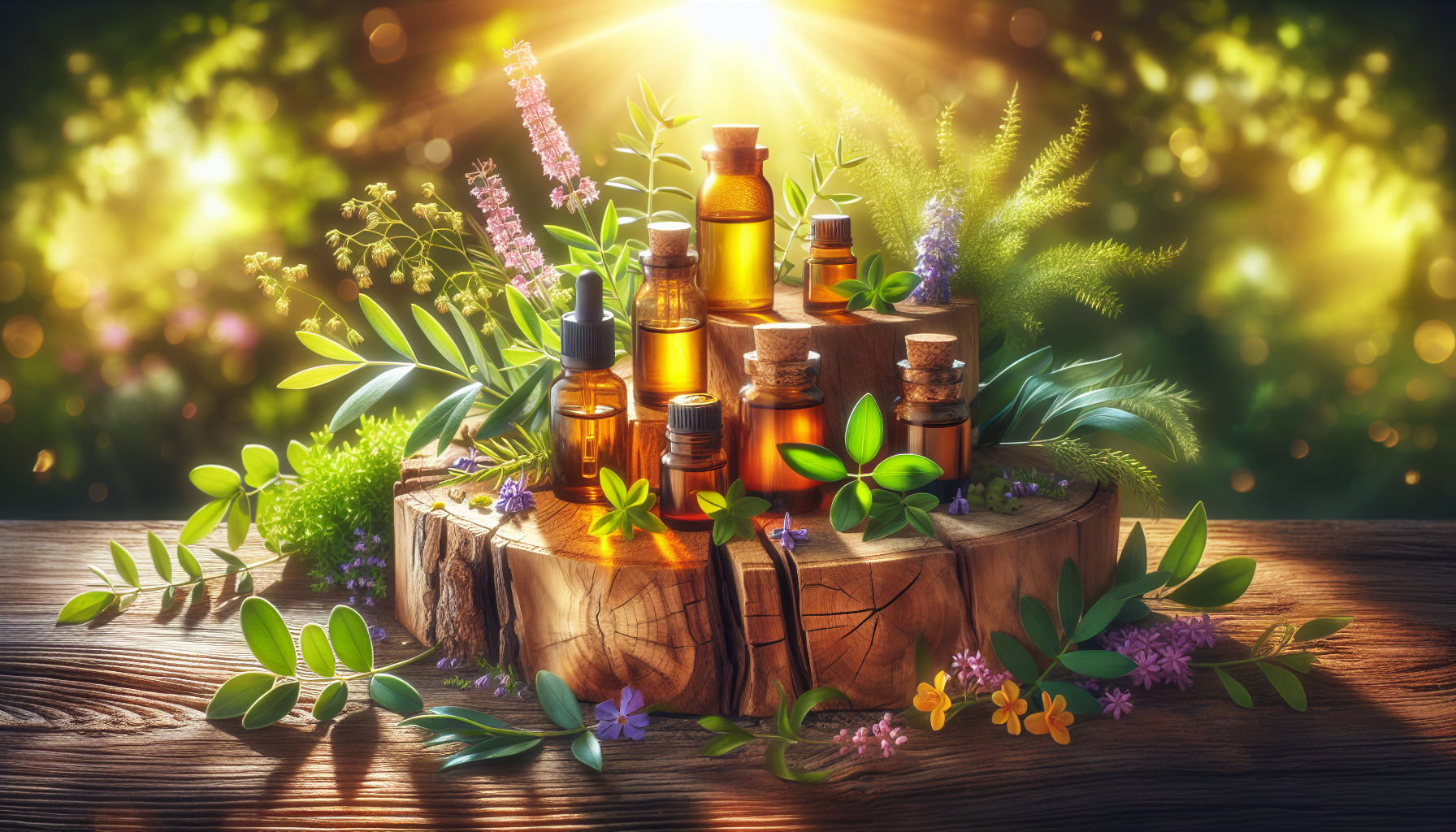 A conceptual illustration representing Top Essential Oils with Sun Protection Potential. Visualize the main ideas: . Creative but clear representation of the concept. Style: Use shallow depth of field with selective focus to create a professional, intimate feel  Employ warm, natural lighting that casts a honey-golden glow on the main subjects  Position items on a rustic wooden surface, preferably a cross-section of a tree trunk with visible rings and natural texture  Incorporate vibrant green foliage and delicate purple flowers around the composition's edges  Maintain a soft, gently blurred natural background with subtle bokeh effect  Feature a harmonious color palette of amber, deep greens, and soft purples  Arrange elements at varying heights to create visual interest and natural flow  Create a clean, uncluttered composition that feels organic yet intentional  Capture fine details and textures with macro-photography techniques  Evoke a serene, botanical spa-like atmosphere that feels both premium and natural. high quality, detailed, professional, clean composition, good lighting, sharp focus, well-composed. high quality, professional, detailed, well-composed