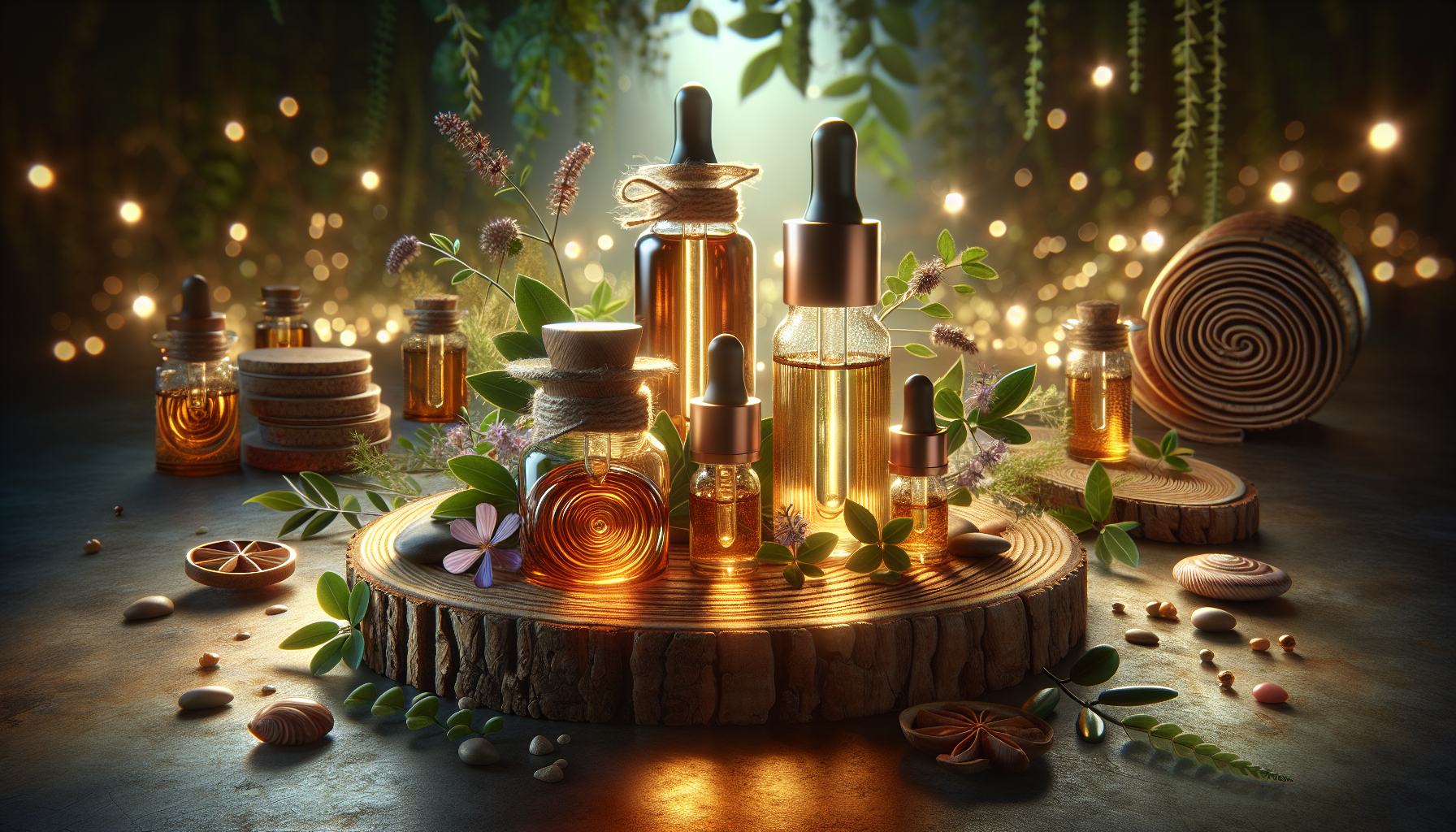 A conceptual illustration representing The Role of Essential Oils in Sun Protection Formulations. Visualize the main ideas: . Creative but clear representation of the concept. Style: Use shallow depth of field with selective focus to create a professional, intimate feel  Employ warm, natural lighting that casts a honey-golden glow on the main subjects  Position items on a rustic wooden surface, preferably a cross-section of a tree trunk with visible rings and natural texture  Incorporate vibrant green foliage and delicate purple flowers around the composition's edges  Maintain a soft, gently blurred natural background with subtle bokeh effect  Feature a harmonious color palette of amber, deep greens, and soft purples  Arrange elements at varying heights to create visual interest and natural flow  Create a clean, uncluttered composition that feels organic yet intentional  Capture fine details and textures with macro-photography techniques  Evoke a serene, botanical spa-like atmosphere that feels both premium and natural. high quality, detailed, professional, clean composition, good lighting, sharp focus, well-composed. high quality, professional, detailed, well-composed