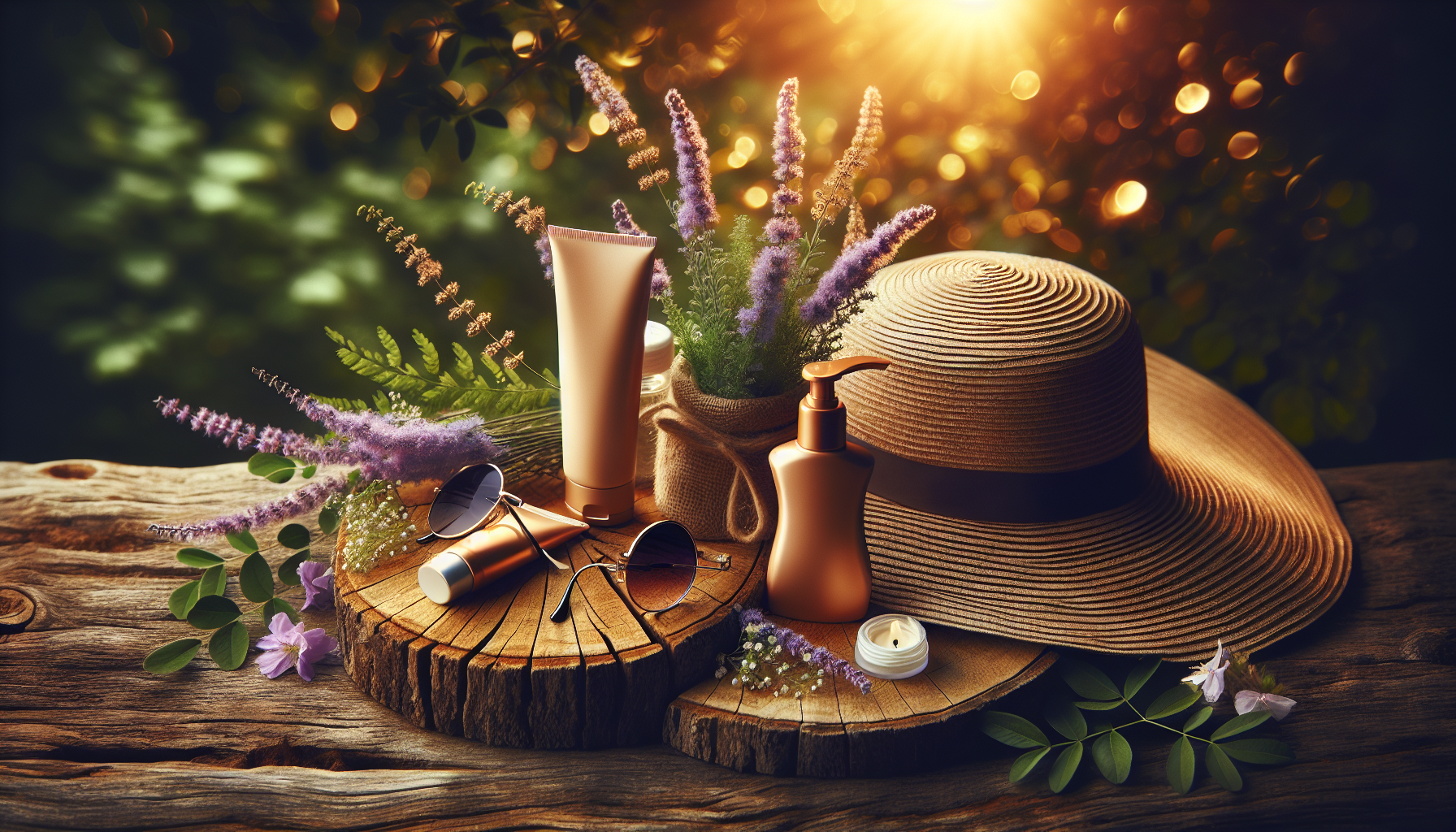 A conceptual illustration representing Expert Recommendations for Safe Sun Protection. Visualize the main ideas: . Creative but clear representation of the concept. Style: Use shallow depth of field with selective focus to create a professional, intimate feel  Employ warm, natural lighting that casts a honey-golden glow on the main subjects  Position items on a rustic wooden surface, preferably a cross-section of a tree trunk with visible rings and natural texture  Incorporate vibrant green foliage and delicate purple flowers around the composition's edges  Maintain a soft, gently blurred natural background with subtle bokeh effect  Feature a harmonious color palette of amber, deep greens, and soft purples  Arrange elements at varying heights to create visual interest and natural flow  Create a clean, uncluttered composition that feels organic yet intentional  Capture fine details and textures with macro-photography techniques  Evoke a serene, botanical spa-like atmosphere that feels both premium and natural. high quality, detailed, professional, clean composition, good lighting, sharp focus, well-composed. high quality, professional, detailed, well-composed