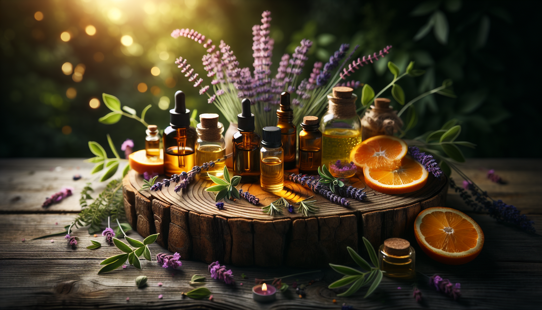 A conceptual illustration representing Conclusion: Essential Oils as Sun Protection Allies, Not Replacements. Visualize the main ideas: . Creative but clear representation of the concept. Style: Use shallow depth of field with selective focus to create a professional, intimate feel  Employ warm, natural lighting that casts a honey-golden glow on the main subjects  Position items on a rustic wooden surface, preferably a cross-section of a tree trunk with visible rings and natural texture  Incorporate vibrant green foliage and delicate purple flowers around the composition's edges  Maintain a soft, gently blurred natural background with subtle bokeh effect  Feature a harmonious color palette of amber, deep greens, and soft purples  Arrange elements at varying heights to create visual interest and natural flow  Create a clean, uncluttered composition that feels organic yet intentional  Capture fine details and textures with macro-photography techniques  Evoke a serene, botanical spa-like atmosphere that feels both premium and natural. high quality, detailed, professional, clean composition, good lighting, sharp focus, well-composed. high quality, professional, detailed, well-composed