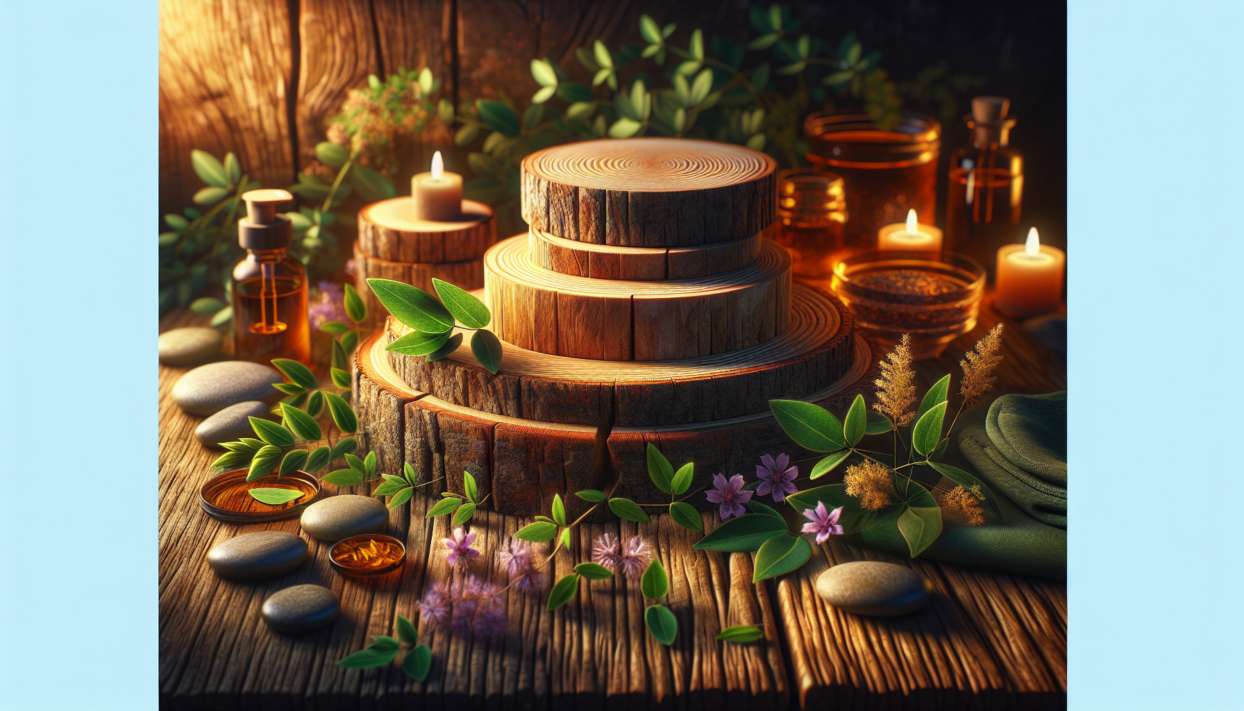 A conceptual illustration representing Introduction: A Natural Path to Lymphatic Wellness. Visualize the main ideas: . Creative but clear representation of the concept. Style: Use shallow depth of field with selective focus to create a professional, intimate feel  Employ warm, natural lighting that casts a honey-golden glow on the main subjects  Position items on a rustic wooden surface, preferably a cross-section of a tree trunk with visible rings and natural texture  Incorporate vibrant green foliage and delicate purple flowers around the composition's edges  Maintain a soft, gently blurred natural background with subtle bokeh effect  Feature a harmonious color palette of amber, deep greens, and soft purples  Arrange elements at varying heights to create visual interest and natural flow  Create a clean, uncluttered composition that feels organic yet intentional  Capture fine details and textures with macro-photography techniques  Evoke a serene, botanical spa-like atmosphere that feels both premium and natural. high quality, detailed, professional, clean composition, good lighting, sharp focus, well-composed. high quality, professional, detailed, well-composed