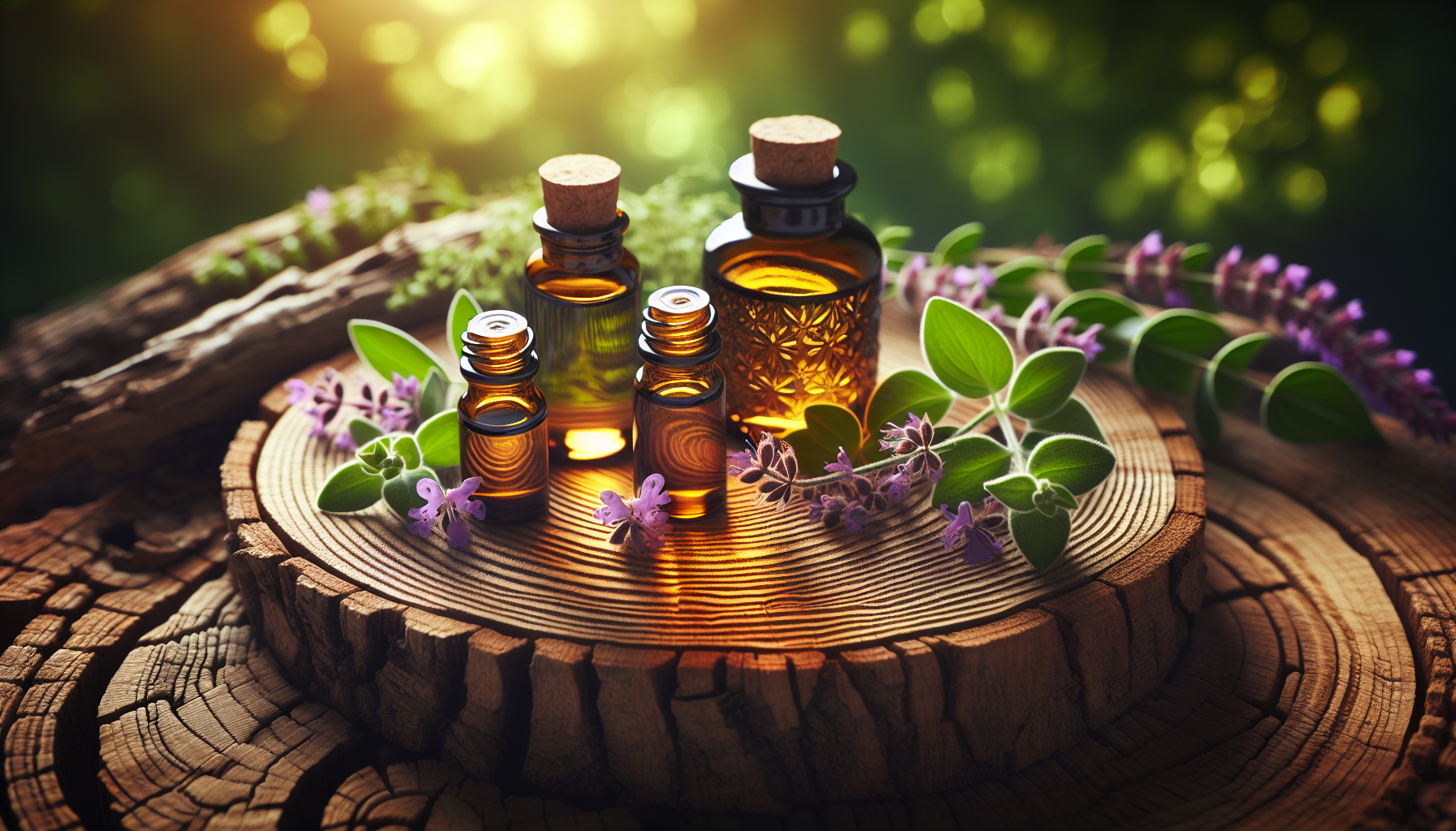 A conceptual illustration representing Essential Oils for Lymphatic Stimulation. Visualize the main ideas: . Creative but clear representation of the concept. Style: Use shallow depth of field with selective focus to create a professional, intimate feel  Employ warm, natural lighting that casts a honey-golden glow on the main subjects  Position items on a rustic wooden surface, preferably a cross-section of a tree trunk with visible rings and natural texture  Incorporate vibrant green foliage and delicate purple flowers around the composition's edges  Maintain a soft, gently blurred natural background with subtle bokeh effect  Feature a harmonious color palette of amber, deep greens, and soft purples  Arrange elements at varying heights to create visual interest and natural flow  Create a clean, uncluttered composition that feels organic yet intentional  Capture fine details and textures with macro-photography techniques  Evoke a serene, botanical spa-like atmosphere that feels both premium and natural. high quality, detailed, professional, clean composition, good lighting, sharp focus, well-composed. high quality, professional, detailed, well-composed
