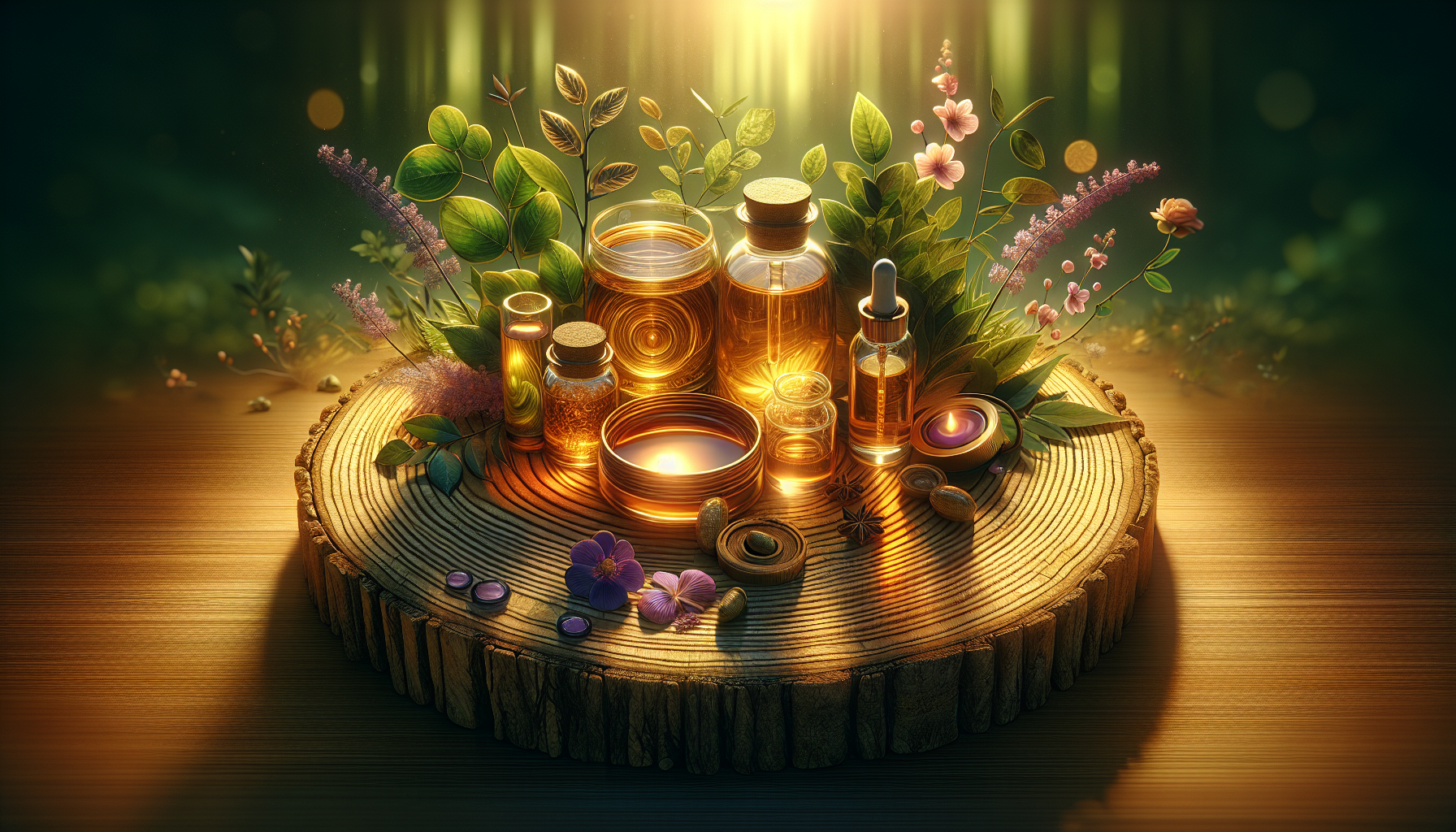 A conceptual illustration representing Application Techniques for Maximum Benefits. Visualize the main ideas: . Creative but clear representation of the concept. Style: Use shallow depth of field with selective focus to create a professional, intimate feel  Employ warm, natural lighting that casts a honey-golden glow on the main subjects  Position items on a rustic wooden surface, preferably a cross-section of a tree trunk with visible rings and natural texture  Incorporate vibrant green foliage and delicate purple flowers around the composition's edges  Maintain a soft, gently blurred natural background with subtle bokeh effect  Feature a harmonious color palette of amber, deep greens, and soft purples  Arrange elements at varying heights to create visual interest and natural flow  Create a clean, uncluttered composition that feels organic yet intentional  Capture fine details and textures with macro-photography techniques  Evoke a serene, botanical spa-like atmosphere that feels both premium and natural. high quality, detailed, professional, clean composition, good lighting, sharp focus, well-composed. high quality, professional, detailed, well-composed