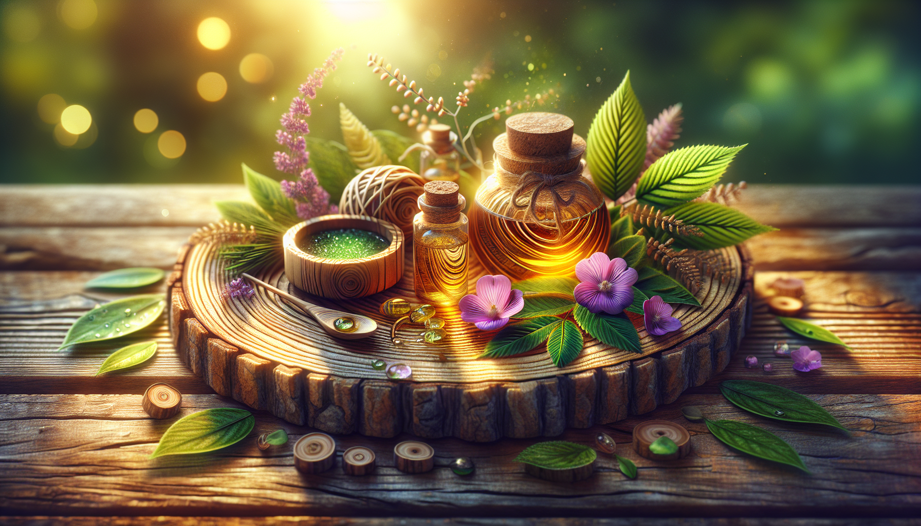 A conceptual illustration representing Introduction: A Breath of Fresh Clarity. Visualize the main ideas: . Creative but clear representation of the concept. Style: Use shallow depth of field with selective focus to create a professional, intimate feel  Employ warm, natural lighting that casts a honey-golden glow on the main subjects  Position items on a rustic wooden surface, preferably a cross-section of a tree trunk with visible rings and natural texture  Incorporate vibrant green foliage and delicate purple flowers around the composition's edges  Maintain a soft, gently blurred natural background with subtle bokeh effect  Feature a harmonious color palette of amber, deep greens, and soft purples  Arrange elements at varying heights to create visual interest and natural flow  Create a clean, uncluttered composition that feels organic yet intentional  Capture fine details and textures with macro-photography techniques  Evoke a serene, botanical spa-like atmosphere that feels both premium and natural. high quality, detailed, professional, clean composition, good lighting, sharp focus, well-composed. high quality, professional, detailed, well-composed