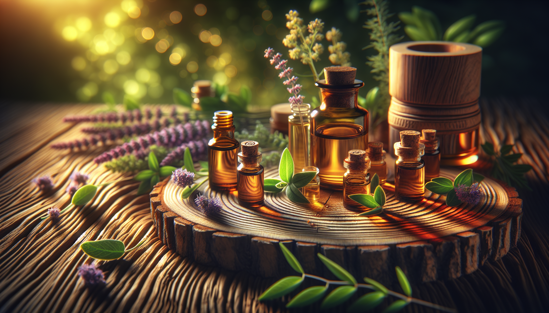 A conceptual illustration representing Key Essential Oils for Mental Clarity. Visualize the main ideas: . Creative but clear representation of the concept. Style: Use shallow depth of field with selective focus to create a professional, intimate feel  Employ warm, natural lighting that casts a honey-golden glow on the main subjects  Position items on a rustic wooden surface, preferably a cross-section of a tree trunk with visible rings and natural texture  Incorporate vibrant green foliage and delicate purple flowers around the composition's edges  Maintain a soft, gently blurred natural background with subtle bokeh effect  Feature a harmonious color palette of amber, deep greens, and soft purples  Arrange elements at varying heights to create visual interest and natural flow  Create a clean, uncluttered composition that feels organic yet intentional  Capture fine details and textures with macro-photography techniques  Evoke a serene, botanical spa-like atmosphere that feels both premium and natural. high quality, detailed, professional, clean composition, good lighting, sharp focus, well-composed. high quality, professional, detailed, well-composed