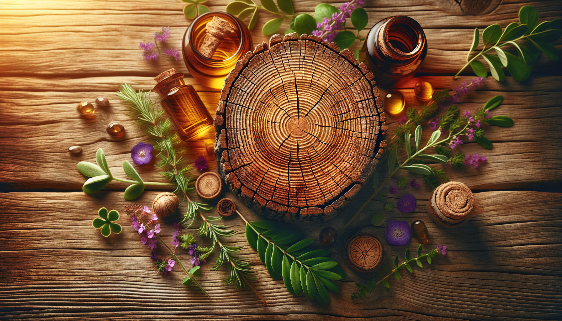 A conceptual illustration representing Conclusion: Harnessing Nature's Clarity Boosters. Visualize the main ideas: . Creative but clear representation of the concept. Style: Use shallow depth of field with selective focus to create a professional, intimate feel  Employ warm, natural lighting that casts a honey-golden glow on the main subjects  Position items on a rustic wooden surface, preferably a cross-section of a tree trunk with visible rings and natural texture  Incorporate vibrant green foliage and delicate purple flowers around the composition's edges  Maintain a soft, gently blurred natural background with subtle bokeh effect  Feature a harmonious color palette of amber, deep greens, and soft purples  Arrange elements at varying heights to create visual interest and natural flow  Create a clean, uncluttered composition that feels organic yet intentional  Capture fine details and textures with macro-photography techniques  Evoke a serene, botanical spa-like atmosphere that feels both premium and natural. high quality, detailed, professional, clean composition, good lighting, sharp focus, well-composed. high quality, professional, detailed, well-composed