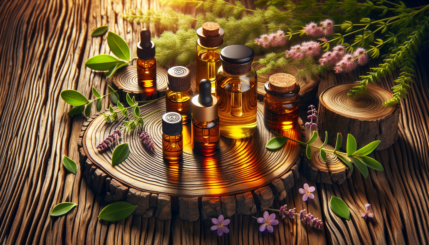 A conceptual illustration representing Top Essential Oils for Skin Repair. Visualize the main ideas: . Creative but clear representation of the concept. Style: Use shallow depth of field with selective focus to create a professional, intimate feel  Employ warm, natural lighting that casts a honey-golden glow on the main subjects  Position items on a rustic wooden surface, preferably a cross-section of a tree trunk with visible rings and natural texture  Incorporate vibrant green foliage and delicate purple flowers around the composition's edges  Maintain a soft, gently blurred natural background with subtle bokeh effect  Feature a harmonious color palette of amber, deep greens, and soft purples  Arrange elements at varying heights to create visual interest and natural flow  Create a clean, uncluttered composition that feels organic yet intentional  Capture fine details and textures with macro-photography techniques  Evoke a serene, botanical spa-like atmosphere that feels both premium and natural. high quality, detailed, professional, clean composition, good lighting, sharp focus, well-composed. high quality, professional, detailed, well-composed
