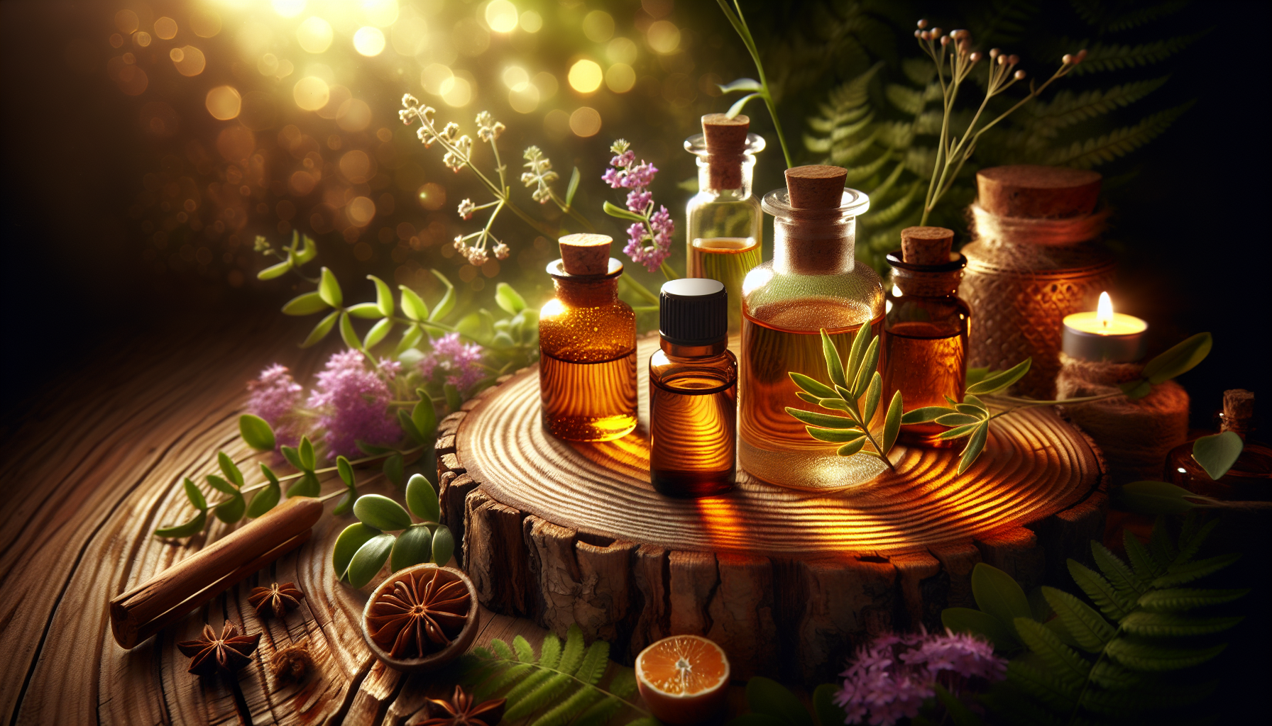 A conceptual illustration representing How Essential Oils Work Their Magic. Visualize the main ideas: . Creative but clear representation of the concept. Style: Use shallow depth of field with selective focus to create a professional, intimate feel  Employ warm, natural lighting that casts a honey-golden glow on the main subjects  Position items on a rustic wooden surface, preferably a cross-section of a tree trunk with visible rings and natural texture  Incorporate vibrant green foliage and delicate purple flowers around the composition's edges  Maintain a soft, gently blurred natural background with subtle bokeh effect  Feature a harmonious color palette of amber, deep greens, and soft purples  Arrange elements at varying heights to create visual interest and natural flow  Create a clean, uncluttered composition that feels organic yet intentional  Capture fine details and textures with macro-photography techniques  Evoke a serene, botanical spa-like atmosphere that feels both premium and natural. high quality, detailed, professional, clean composition, good lighting, sharp focus, well-composed. high quality, professional, detailed, well-composed