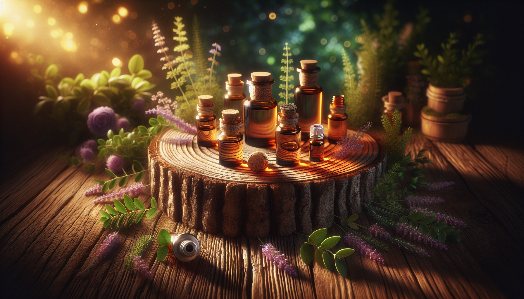 A conceptual illustration representing Choosing and Using Essential Oils Safely. Visualize the main ideas: . Creative but clear representation of the concept. Style: Use shallow depth of field with selective focus to create a professional, intimate feel  Employ warm, natural lighting that casts a honey-golden glow on the main subjects  Position items on a rustic wooden surface, preferably a cross-section of a tree trunk with visible rings and natural texture  Incorporate vibrant green foliage and delicate purple flowers around the composition's edges  Maintain a soft, gently blurred natural background with subtle bokeh effect  Feature a harmonious color palette of amber, deep greens, and soft purples  Arrange elements at varying heights to create visual interest and natural flow  Create a clean, uncluttered composition that feels organic yet intentional  Capture fine details and textures with macro-photography techniques  Evoke a serene, botanical spa-like atmosphere that feels both premium and natural. high quality, detailed, professional, clean composition, good lighting, sharp focus, well-composed. high quality, professional, detailed, well-composed