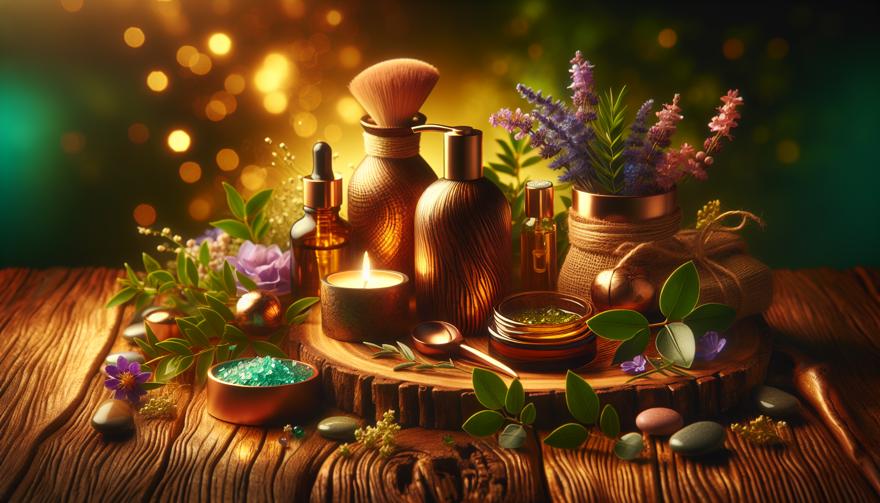 A conceptual illustration representing Introduction - A Scented Relief for Expecting Mothers. Visualize the main ideas: . Creative but clear representation of the concept. Style: Use shallow depth of field with selective focus to create a professional, intimate feel  Employ warm, natural lighting that casts a honey-golden glow on the main subjects  Position items on a rustic wooden surface, preferably a cross-section of a tree trunk with visible rings and natural texture  Incorporate vibrant green foliage and delicate purple flowers around the composition's edges  Maintain a soft, gently blurred natural background with subtle bokeh effect  Feature a harmonious color palette of amber, deep greens, and soft purples  Arrange elements at varying heights to create visual interest and natural flow  Create a clean, uncluttered composition that feels organic yet intentional  Capture fine details and textures with macro-photography techniques  Evoke a serene, botanical spa-like atmosphere that feels both premium and natural. high quality, detailed, professional, clean composition, good lighting, sharp focus, well-composed. high quality, professional, detailed, well-composed