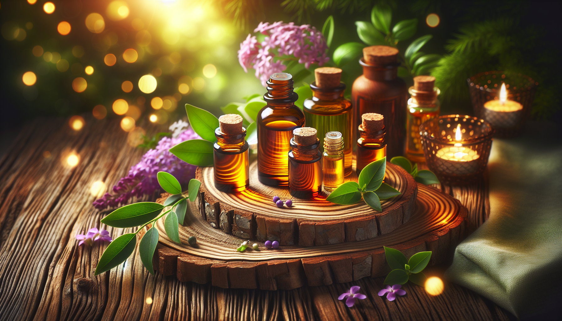 A conceptual illustration representing Safe Essential Oils for Pregnancy Discomfort. Visualize the main ideas: . Creative but clear representation of the concept. Style: Use shallow depth of field with selective focus to create a professional, intimate feel  Employ warm, natural lighting that casts a honey-golden glow on the main subjects  Position items on a rustic wooden surface, preferably a cross-section of a tree trunk with visible rings and natural texture  Incorporate vibrant green foliage and delicate purple flowers around the composition's edges  Maintain a soft, gently blurred natural background with subtle bokeh effect  Feature a harmonious color palette of amber, deep greens, and soft purples  Arrange elements at varying heights to create visual interest and natural flow  Create a clean, uncluttered composition that feels organic yet intentional  Capture fine details and textures with macro-photography techniques  Evoke a serene, botanical spa-like atmosphere that feels both premium and natural. high quality, detailed, professional, clean composition, good lighting, sharp focus, well-composed. high quality, professional, detailed, well-composed