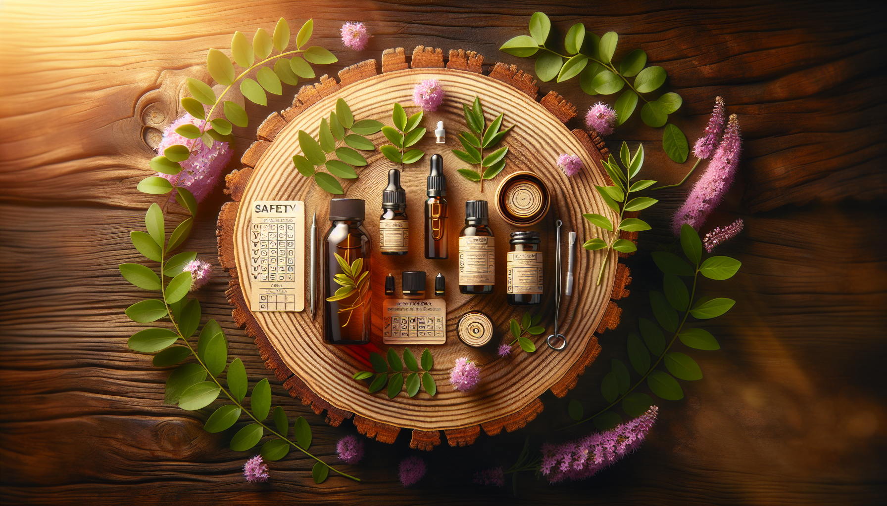 A clear, step-by-step visual illustration showing How to Use Essential Oils Safely During Pregnancy. Focus on . Include visual elements like arrows, numbered steps, or sequential flow. Professional and instructional style. Style: Use shallow depth of field with selective focus to create a professional, intimate feel  Employ warm, natural lighting that casts a honey-golden glow on the main subjects  Position items on a rustic wooden surface, preferably a cross-section of a tree trunk with visible rings and natural texture  Incorporate vibrant green foliage and delicate purple flowers around the composition's edges  Maintain a soft, gently blurred natural background with subtle bokeh effect  Feature a harmonious color palette of amber, deep greens, and soft purples  Arrange elements at varying heights to create visual interest and natural flow  Create a clean, uncluttered composition that feels organic yet intentional  Capture fine details and textures with macro-photography techniques  Evoke a serene, botanical spa-like atmosphere that feels both premium and natural. high quality, detailed, professional, clean composition, good lighting, sharp focus, well-composed. high quality, professional, detailed, well-composed