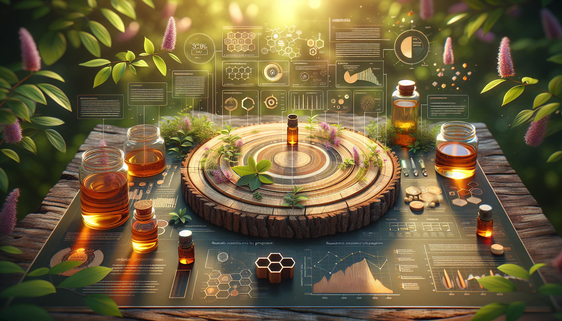 A clean, professional data visualization or infographic related to Research Insights on Essential Oils in Pregnancy. Include elements like charts, graphs, or statistical representations. Focus on . Style: Use shallow depth of field with selective focus to create a professional, intimate feel  Employ warm, natural lighting that casts a honey-golden glow on the main subjects  Position items on a rustic wooden surface, preferably a cross-section of a tree trunk with visible rings and natural texture  Incorporate vibrant green foliage and delicate purple flowers around the composition's edges  Maintain a soft, gently blurred natural background with subtle bokeh effect  Feature a harmonious color palette of amber, deep greens, and soft purples  Arrange elements at varying heights to create visual interest and natural flow  Create a clean, uncluttered composition that feels organic yet intentional  Capture fine details and textures with macro-photography techniques  Evoke a serene, botanical spa-like atmosphere that feels both premium and natural. high quality, detailed, professional, clean composition, good lighting, sharp focus, well-composed. high quality, professional, detailed, well-composed