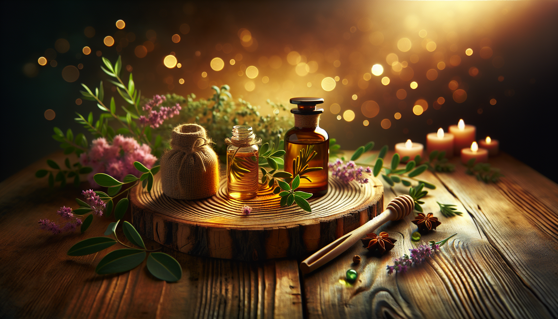 A conceptual illustration representing Conclusion - A Balanced Approach to Aromatherapy in Pregnancy. Visualize the main ideas: . Creative but clear representation of the concept. Style: Use shallow depth of field with selective focus to create a professional, intimate feel  Employ warm, natural lighting that casts a honey-golden glow on the main subjects  Position items on a rustic wooden surface, preferably a cross-section of a tree trunk with visible rings and natural texture  Incorporate vibrant green foliage and delicate purple flowers around the composition's edges  Maintain a soft, gently blurred natural background with subtle bokeh effect  Feature a harmonious color palette of amber, deep greens, and soft purples  Arrange elements at varying heights to create visual interest and natural flow  Create a clean, uncluttered composition that feels organic yet intentional  Capture fine details and textures with macro-photography techniques  Evoke a serene, botanical spa-like atmosphere that feels both premium and natural. high quality, detailed, professional, clean composition, good lighting, sharp focus, well-composed. high quality, professional, detailed, well-composed