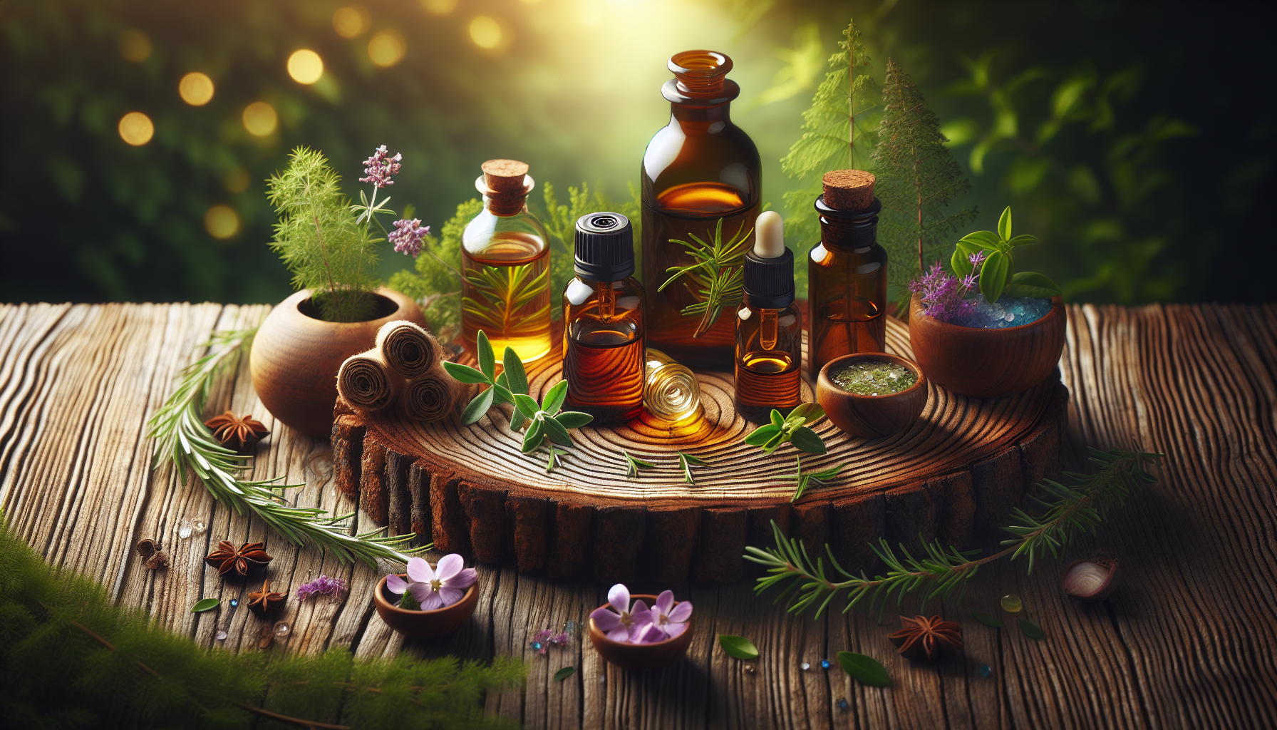 A conceptual illustration representing Essential Oils for Cold and Flu Season. Visualize the main ideas: . Creative but clear representation of the concept. Style: Use shallow depth of field with selective focus to create a professional, intimate feel  Employ warm, natural lighting that casts a honey-golden glow on the main subjects  Position items on a rustic wooden surface, preferably a cross-section of a tree trunk with visible rings and natural texture  Incorporate vibrant green foliage and delicate purple flowers around the composition's edges  Maintain a soft, gently blurred natural background with subtle bokeh effect  Feature a harmonious color palette of amber, deep greens, and soft purples  Arrange elements at varying heights to create visual interest and natural flow  Create a clean, uncluttered composition that feels organic yet intentional  Capture fine details and textures with macro-photography techniques  Evoke a serene, botanical spa-like atmosphere that feels both premium and natural. high quality, detailed, professional, clean composition, good lighting, sharp focus, well-composed. high quality, professional, detailed, well-composed