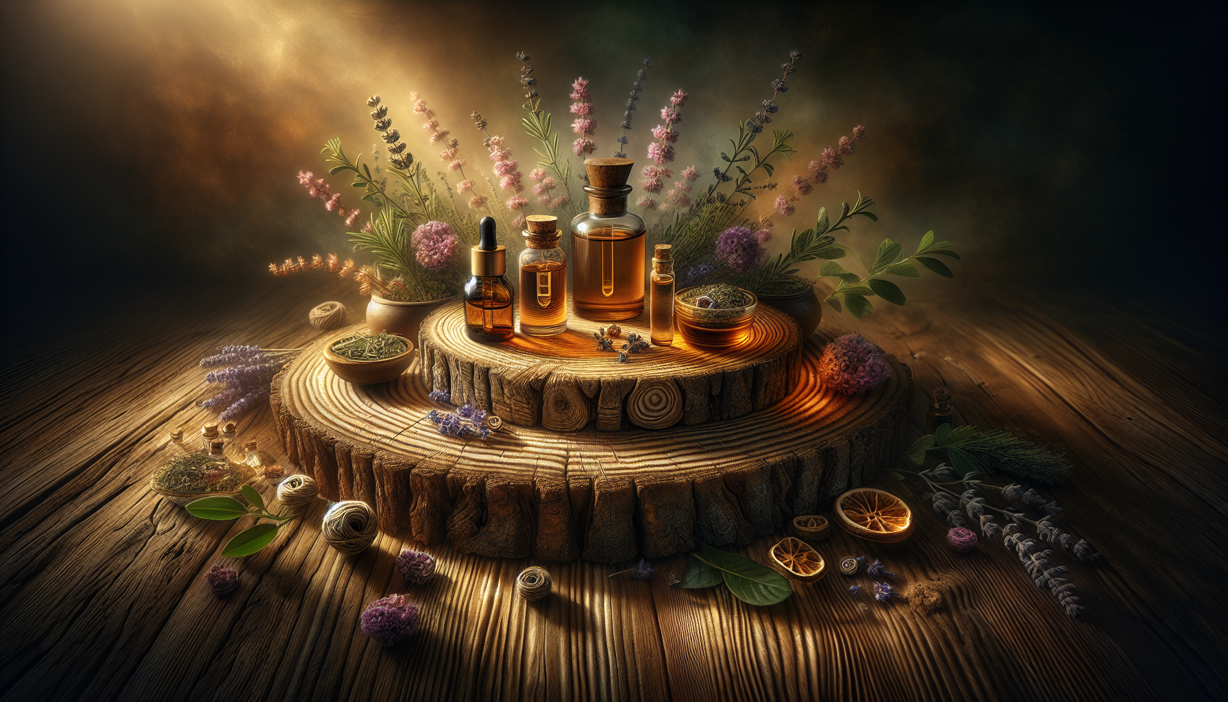 A conceptual illustration representing Managing Stress and Anxiety with Aromatherapy. Visualize the main ideas: . Creative but clear representation of the concept. Style: Use shallow depth of field with selective focus to create a professional, intimate feel  Employ warm, natural lighting that casts a honey-golden glow on the main subjects  Position items on a rustic wooden surface, preferably a cross-section of a tree trunk with visible rings and natural texture  Incorporate vibrant green foliage and delicate purple flowers around the composition's edges  Maintain a soft, gently blurred natural background with subtle bokeh effect  Feature a harmonious color palette of amber, deep greens, and soft purples  Arrange elements at varying heights to create visual interest and natural flow  Create a clean, uncluttered composition that feels organic yet intentional  Capture fine details and textures with macro-photography techniques  Evoke a serene, botanical spa-like atmosphere that feels both premium and natural. high quality, detailed, professional, clean composition, good lighting, sharp focus, well-composed. high quality, professional, detailed, well-composed
