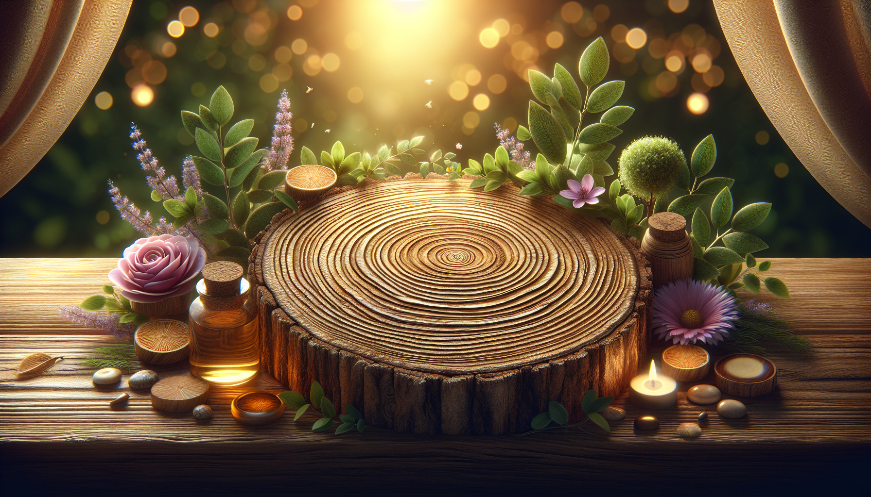 A conceptual illustration representing Supporting Physical Wellness. Visualize the main ideas: . Creative but clear representation of the concept. Style: Use shallow depth of field with selective focus to create a professional, intimate feel  Employ warm, natural lighting that casts a honey-golden glow on the main subjects  Position items on a rustic wooden surface, preferably a cross-section of a tree trunk with visible rings and natural texture  Incorporate vibrant green foliage and delicate purple flowers around the composition's edges  Maintain a soft, gently blurred natural background with subtle bokeh effect  Feature a harmonious color palette of amber, deep greens, and soft purples  Arrange elements at varying heights to create visual interest and natural flow  Create a clean, uncluttered composition that feels organic yet intentional  Capture fine details and textures with macro-photography techniques  Evoke a serene, botanical spa-like atmosphere that feels both premium and natural. high quality, detailed, professional, clean composition, good lighting, sharp focus, well-composed. high quality, professional, detailed, well-composed