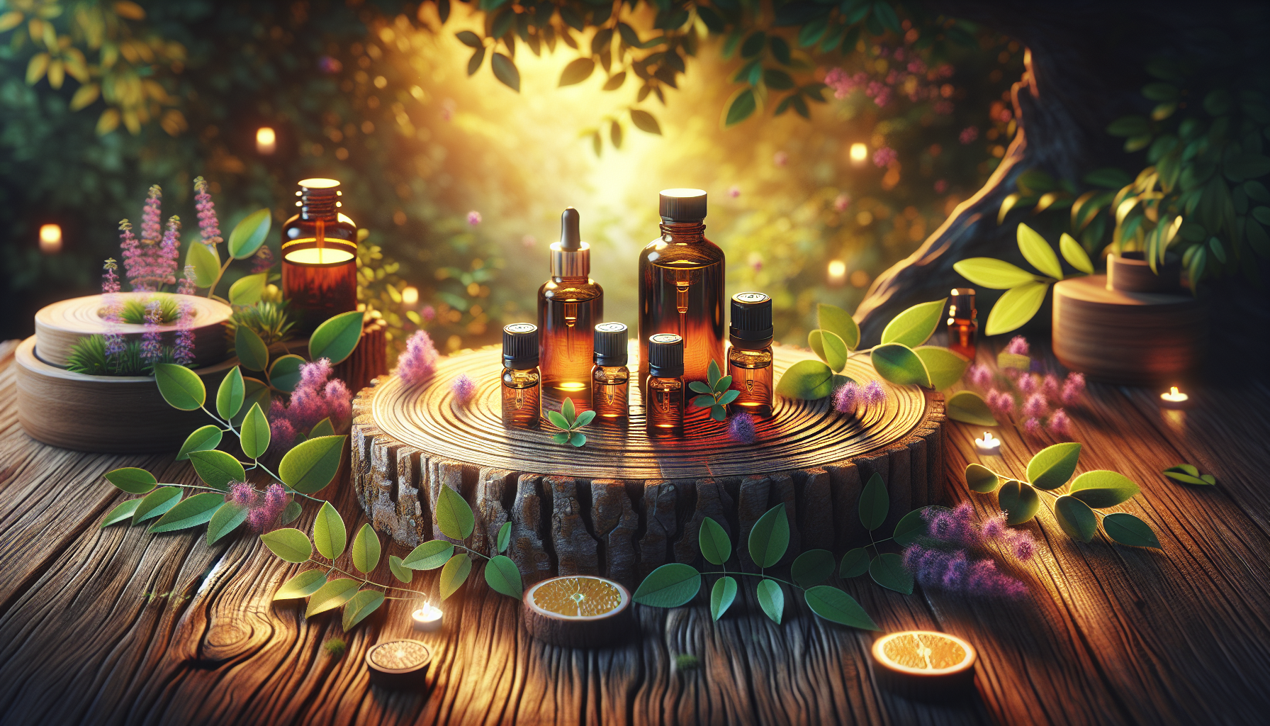 A conceptual illustration representing Choosing and Using Essential Oils Safely. Visualize the main ideas: . Creative but clear representation of the concept. Style: Use shallow depth of field with selective focus to create a professional, intimate feel  Employ warm, natural lighting that casts a honey-golden glow on the main subjects  Position items on a rustic wooden surface, preferably a cross-section of a tree trunk with visible rings and natural texture  Incorporate vibrant green foliage and delicate purple flowers around the composition's edges  Maintain a soft, gently blurred natural background with subtle bokeh effect  Feature a harmonious color palette of amber, deep greens, and soft purples  Arrange elements at varying heights to create visual interest and natural flow  Create a clean, uncluttered composition that feels organic yet intentional  Capture fine details and textures with macro-photography techniques  Evoke a serene, botanical spa-like atmosphere that feels both premium and natural. high quality, detailed, professional, clean composition, good lighting, sharp focus, well-composed. high quality, professional, detailed, well-composed