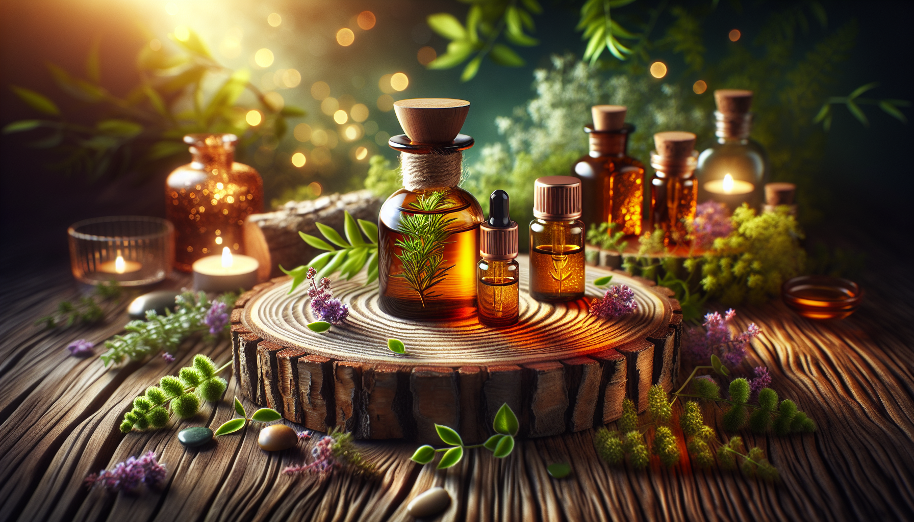 A conceptual illustration representing Quick Relief with Essential Oils. Visualize the main ideas: . Creative but clear representation of the concept. Style: Use shallow depth of field with selective focus to create a professional, intimate feel  Employ warm, natural lighting that casts a honey-golden glow on the main subjects  Position items on a rustic wooden surface, preferably a cross-section of a tree trunk with visible rings and natural texture  Incorporate vibrant green foliage and delicate purple flowers around the composition's edges  Maintain a soft, gently blurred natural background with subtle bokeh effect  Feature a harmonious color palette of amber, deep greens, and soft purples  Arrange elements at varying heights to create visual interest and natural flow  Create a clean, uncluttered composition that feels organic yet intentional  Capture fine details and textures with macro-photography techniques  Evoke a serene, botanical spa-like atmosphere that feels both premium and natural. high quality, detailed, professional, clean composition, good lighting, sharp focus, well-composed. high quality, professional, detailed, well-composed