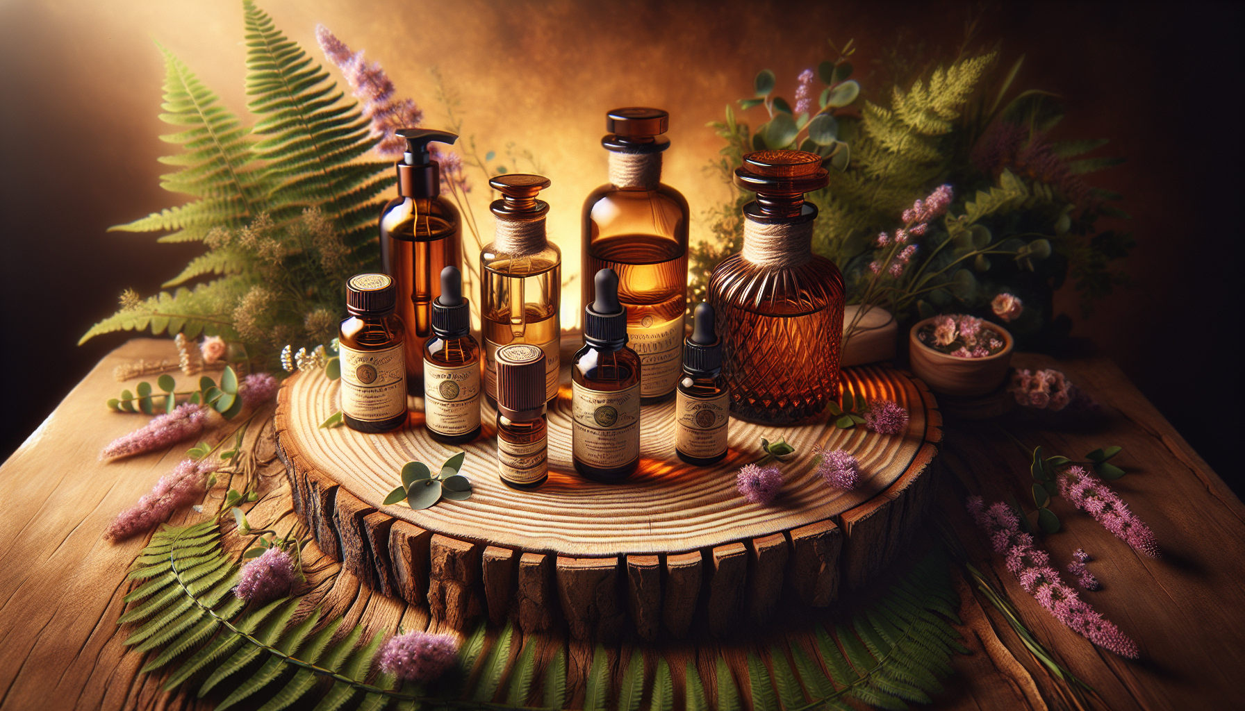 A conceptual illustration representing Safety First: Using Essential Oils During Pregnancy. Visualize the main ideas: . Creative but clear representation of the concept. Style: Use shallow depth of field with selective focus to create a professional, intimate feel  Employ warm, natural lighting that casts a honey-golden glow on the main subjects  Position items on a rustic wooden surface, preferably a cross-section of a tree trunk with visible rings and natural texture  Incorporate vibrant green foliage and delicate purple flowers around the composition's edges  Maintain a soft, gently blurred natural background with subtle bokeh effect  Feature a harmonious color palette of amber, deep greens, and soft purples  Arrange elements at varying heights to create visual interest and natural flow  Create a clean, uncluttered composition that feels organic yet intentional  Capture fine details and textures with macro-photography techniques  Evoke a serene, botanical spa-like atmosphere that feels both premium and natural. high quality, detailed, professional, clean composition, good lighting, sharp focus, well-composed. high quality, professional, detailed, well-composed